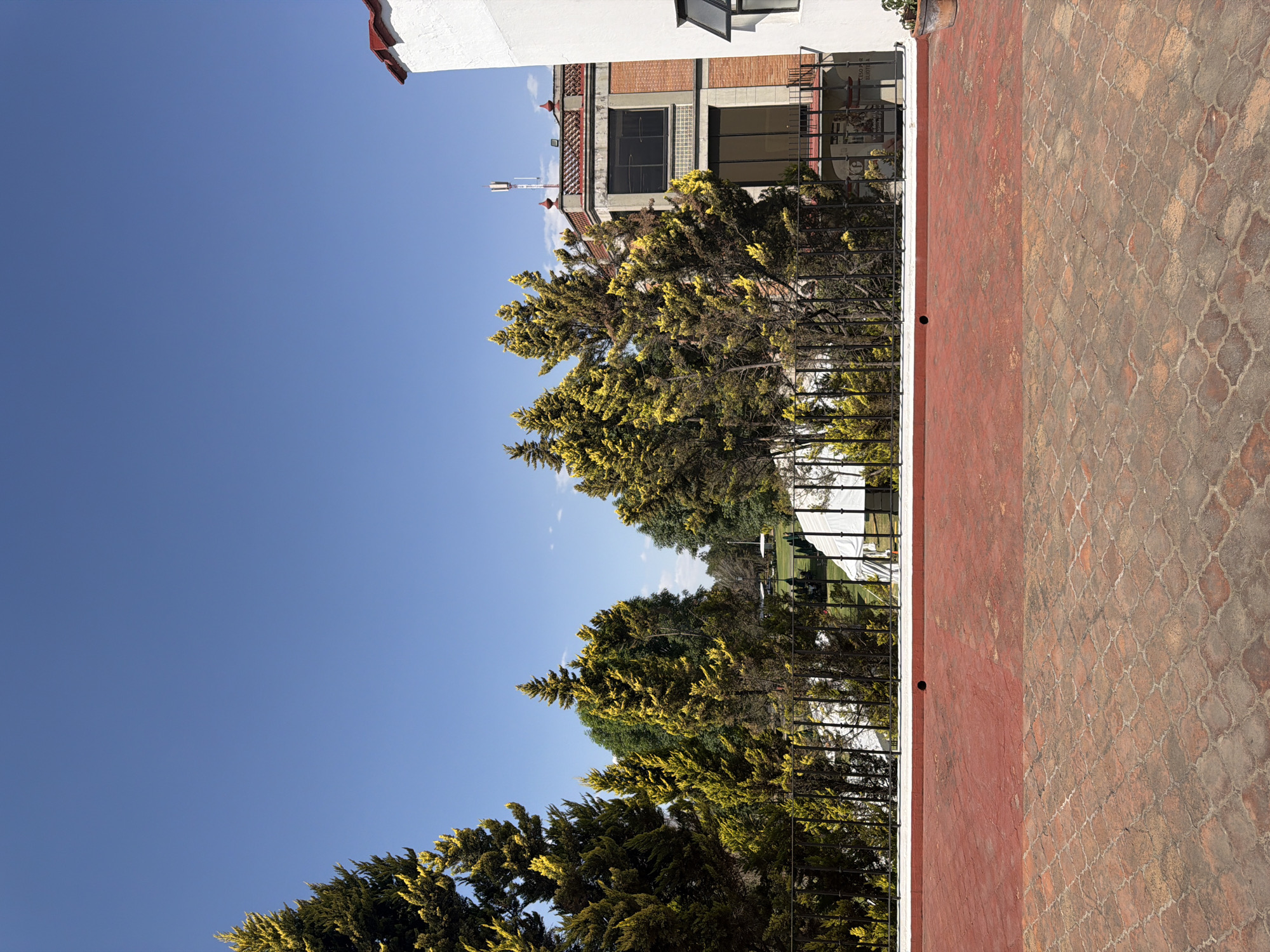 The image depicts an elevated outdoor scene in San Andrés Cholula, Mexico, under a clear blue sky with minimal cloud cover.
In the foreground, a reddish-brown paver surface, exhibiting an interlocking pattern, occupies the lower portion of the frame. This surface is bordered by a raised, solid red-painted concrete ledge featuring a single circular dark drain opening positioned slightly left of center. A terracotta-colored potted plant is situated on the ledge at the far right.
A black metal railing with decorative elements spans the midground horizontally, serving as a barrier. Behind this railing, a dense line of tall coniferous trees with distinct yellowish-green foliage forms a natural screen. Through and beyond these trees, a large green grassy area is visible, occupied by multiple white tent-like structures. Further to the right, a multi-story building with reddish brickwork and dark windows is partially visible. The building's upper facade includes decorative red accents, and a telecommunications antenna is mounted on its flat roof. On the extreme right edge, the white stucco wall of an adjacent building, partially revealing a small open window and a section of a red-tiled roof, frames the scene. No individuals or specific actions are visible.