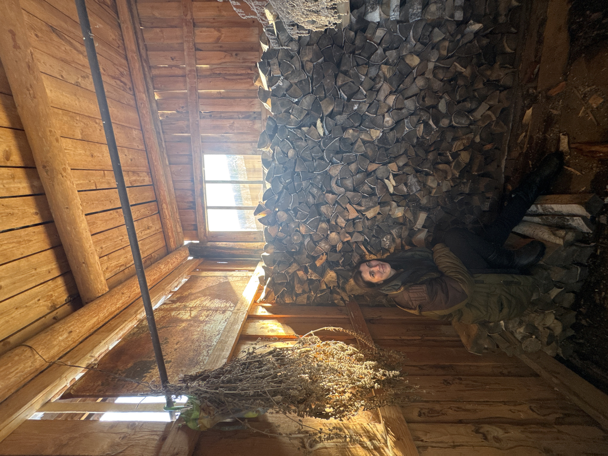The image, taken in the city of Вассята, Russia, shows a wooden structure interior. A large pile of stacked firewood is visible, partially concealing a person lying on the stack. The person is wearing dark trousers and boots, and a brown jacket. Light enters the structure through a window above the firewood pile. A bundle of dried plants hangs from the wooden beams in the lower portion of the image. The walls and ceiling are constructed of wood.