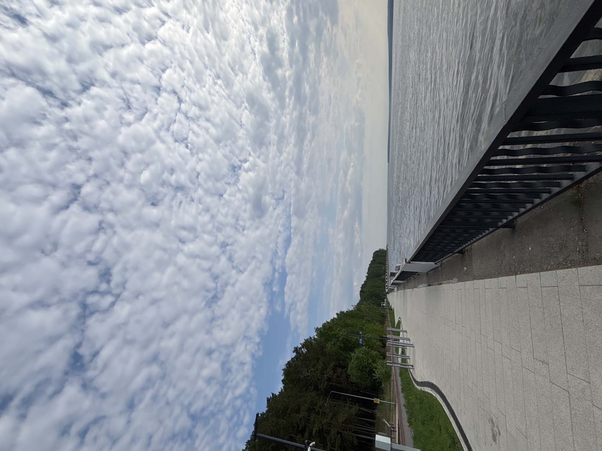 A view of the embankment in the city of Chaikovsky, Russia. The image is oriented vertically, presenting a landscape with the Volga River to the right, its waters appearing calm and gray under the overcast sky. A dark, metal railing runs along the river's edge, separating the water from a paved walkway.
To the left of the walkway is a strip of green grass followed by a dense line of trees, their leaves forming a dark green canopy. Above the trees, the sky is filled with a blanket of small, white clouds, interspersed with patches of blue sky. The sidewalk is constructed of light gray rectangular paving stones. The environment appears to be outdoors, with natural and urban elements coexisting.