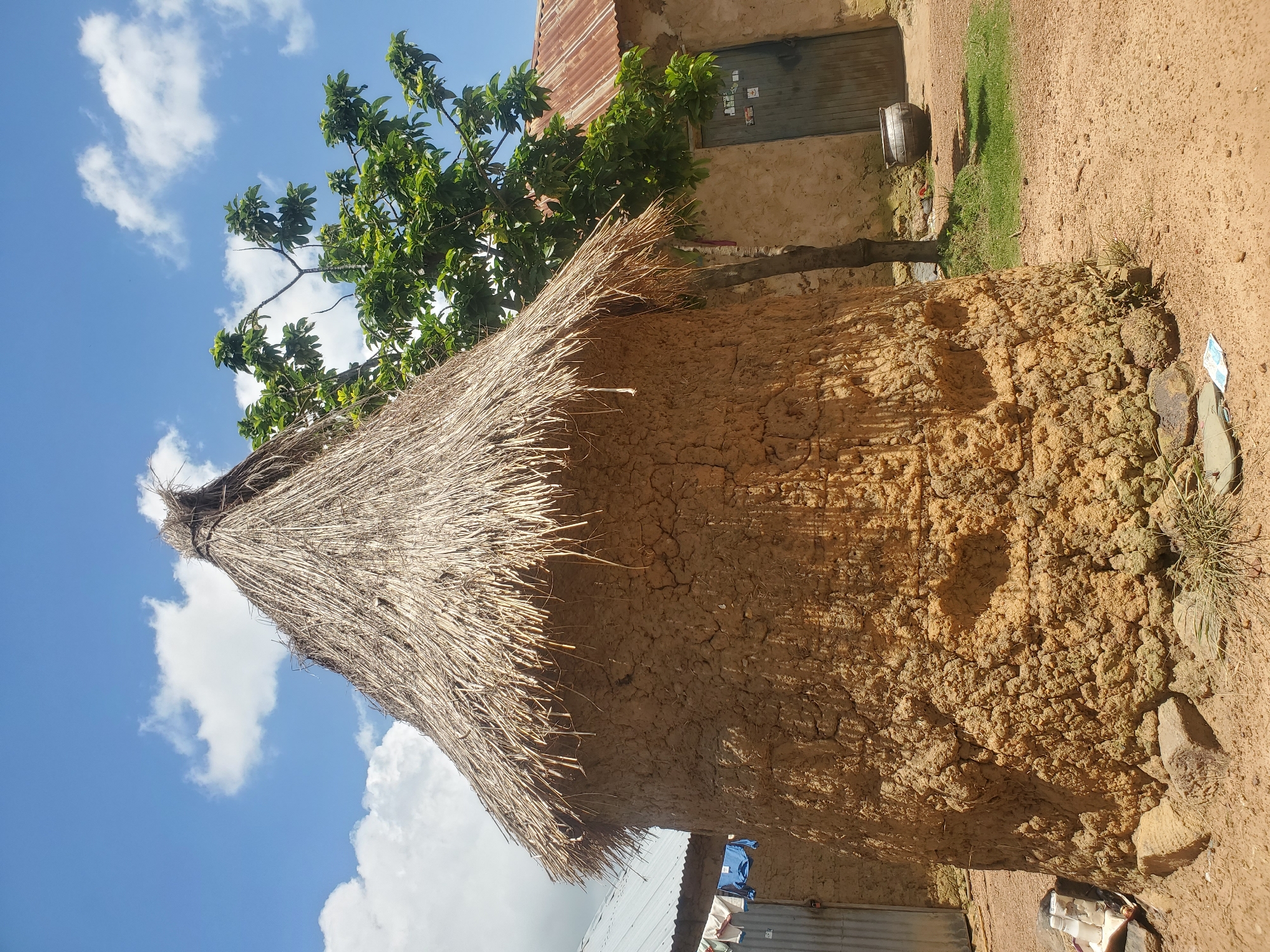 The image depicts a traditional round mud house with a thatched roof, located in Wumat Central, Nigeria. The house is constructed from earth and has a rough, textured exterior. To the left of the mud house, a corrugated metal structure with a door is visible, with laundry hanging on a line. To the right of the mud house, another building with a rusty corrugated metal roof and a wooden door is present. A young tree with green leaves grows between the mud house and the building on the right. The ground is sandy and dry, with patches of grass and some scattered debris. The sky is blue with scattered white clouds. A large metal pot sits on the ground near the building on the right.