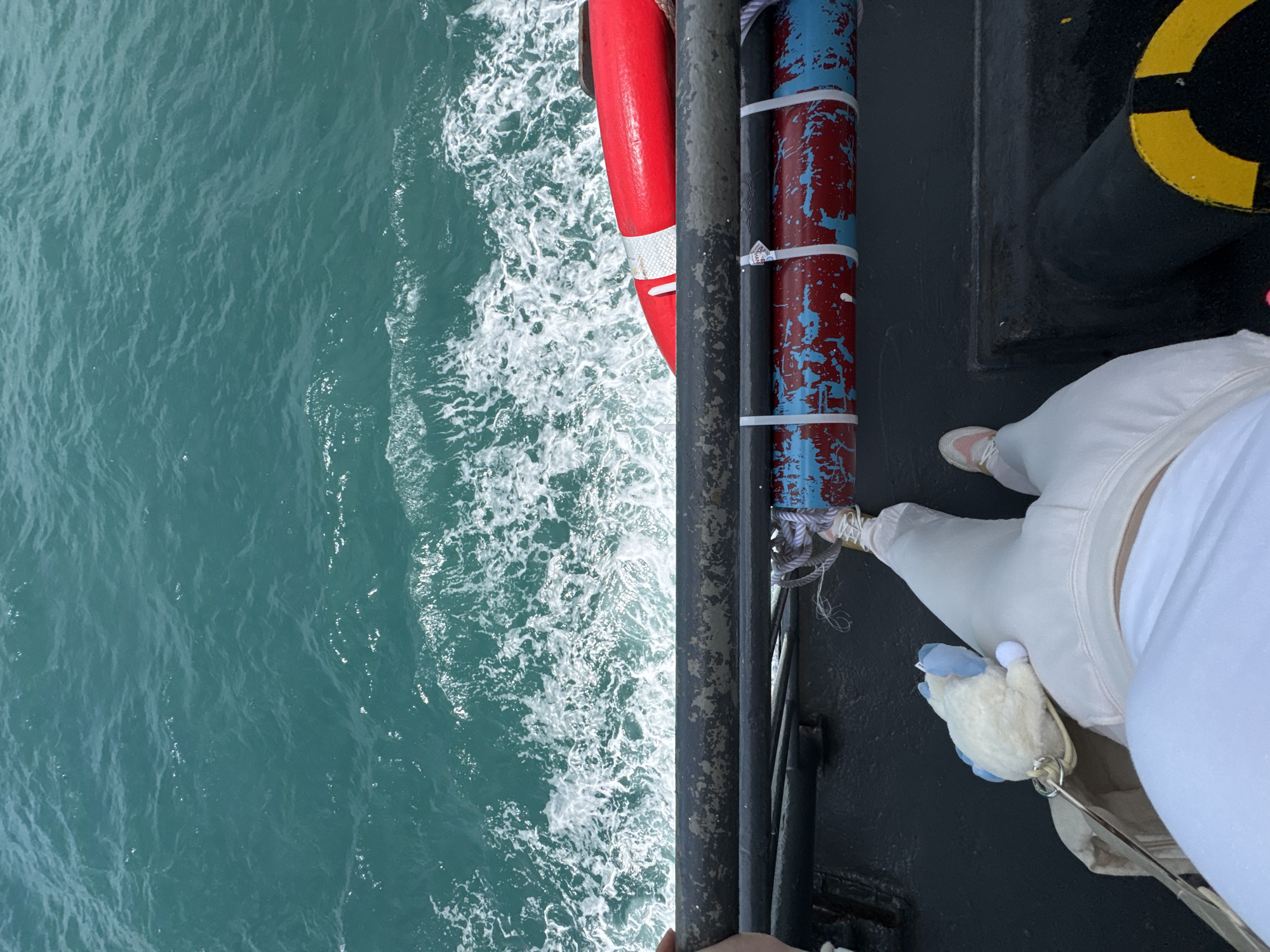 The image shows a person's legs and torso, clad in white pants and a white top, standing on the deck of a vessel. The person is holding a stuffed animal resembling a white sheep with blue ears, attached to a leash. They are wearing light pink sneakers. The deck is black, with a dark grey railing in the foreground. Behind the railing, the sea is visible, characterized by turquoise water with white foam and waves. A long, bright red object, possibly a life raft or buoy, is positioned horizontally on the deck beyond the railing, partially obscured. Below the red object are two cylindrical structures, one painted red with patches of blue and white, and the other a solid dark grey. The scene suggests the person is on a boat or ferry, likely in the waters surrounding Ko Pha-ngan, Thailand, given the context of the request.
