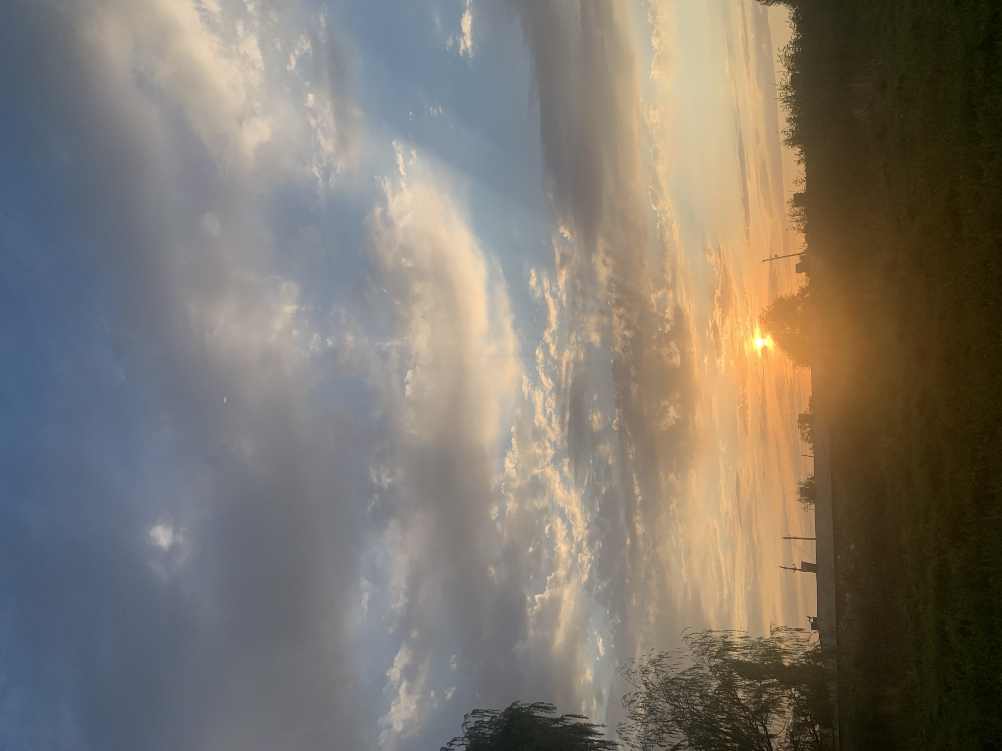A low-angle, vertical outdoor photograph captures a sunset in Komsomolskoe, Kyrgyzstan. The sky is filled with a mix of grey, white, and orange clouds, with rays of sunlight breaking through. The sun itself is a bright orange orb partially obscured by trees on the horizon. Silhouetted against the sky are trees, a building with a visible chimney, and a utility pole. The foreground consists of a grassy field, with darker green grass closer to the viewer and a more golden hue further back. The overall scene depicts a rural or semi-rural landscape at dusk.