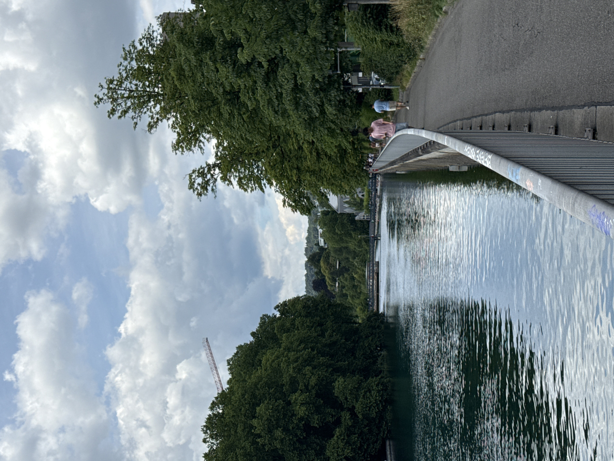 The image depicts a wide river with a paved walkway on the right bank. Two individuals, one in a pink shirt and shorts, the other in a blue shirt and shorts, are walking away from the camera on the walkway. Lush green trees line the river on both sides, with a bridge visible in the distance across the water. The sky is partly cloudy, with a hint of a construction crane in the upper left quadrant. The scene appears to be a park or recreational area within a city. This view is likely from the Limmat River in Zurich, Switzerland, given the presence of the river, urban greenery, and pedestrian pathways often found along its banks.