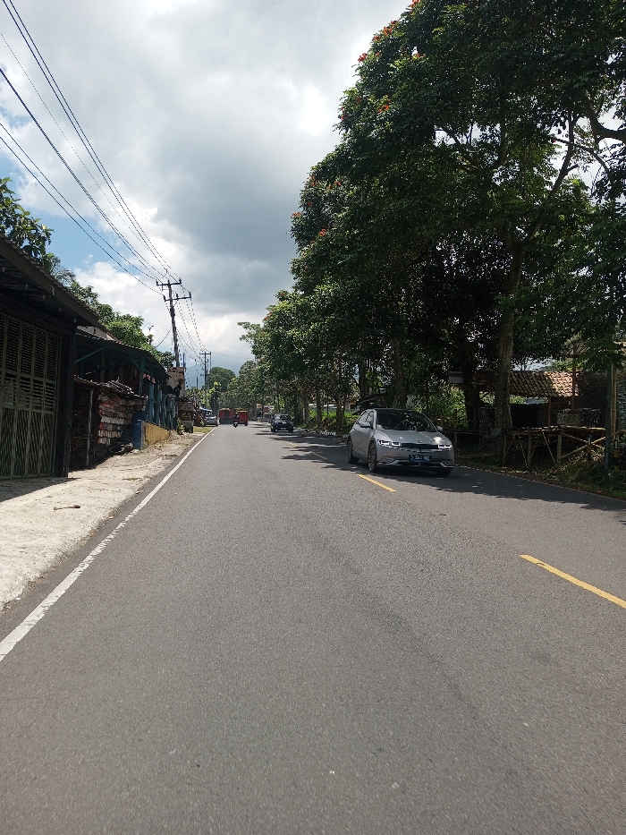 The image depicts a road scene in Tagtse Tashidingkha, Bhutan. A two-lane asphalt road, marked with a solid white line on the left shoulder and a broken yellow line in the center, stretches into the distance under a partly cloudy sky. On the left side of the road, a narrow concrete sidewalk runs alongside a row of varied structures, including buildings with louvered shutters and corrugated roofs, with utility poles and multiple overhead power lines present. On the right, a dense line of large green trees, some bearing reddish-orange flowers, casts shadows across the road. A small, rustic hut with a reddish-brown tiled roof is partially visible behind the trees further down the road.
Several vehicles are observed on the road: a silver Hyundai Ioniq 5 electric car with license plate B 1812 DC travels away from the viewer in the right lane. Further down the road, a small red vehicle is seen approaching in the left lane, and a dark-colored sedan follows the Ioniq 5 in the right lane. Additional indistinct vehicles are visible in the far distance. No people are discernibly visible.