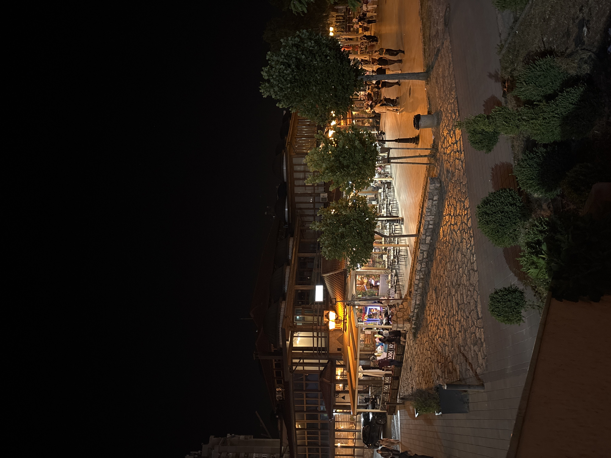 An outdoor scene at night shows a cobblestone plaza in front of a multi-story building with large windows. The building appears to house restaurants or cafes, with outdoor seating and illuminated interiors. Several people are visible walking and dining on the plaza. Trees are planted along the pathway, and streetlights illuminate the area. In the foreground, there are some bushes and planters. A dark-colored car is parked to the left of the building. The overall atmosphere is lively and urban, with the lights of the establishments creating a warm glow against the dark night sky.