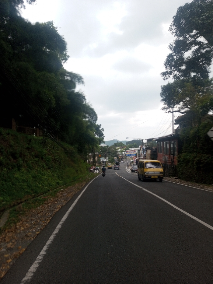 The image displays a road scene in Kalchini, India, under an overcast sky. The asphalt road, marked by a solid white line on its left edge and a dashed white line delineating lanes, appears to curve slightly leftward and descend into the distance. To the left of the road, a steep, densely vegetated embankment covered in green foliage rises sharply, with utility lines running along its base and a concrete gutter visible. On the right side of the road, various multi-story buildings, including one prominent structure with reddish-brown exterior, line the thoroughfare, interspersed with trees. Overhead utility poles support a network of electrical or communication wires.
Traffic is present on the road. In the mid-ground, a yellow Maruti Omni-style van is positioned on the right side of the road, facing towards the viewer. Further down the left lane, a single individual on a dark motorcycle is oriented as if traveling away from the viewer. Multiple other vehicles, including cars, are visible in the background, appearing smaller due to distance. A small group of people is discernible on the left side of the road in the mid-distance, near what appear to be structures or stalls. Hilly terrain is visible in the far background.