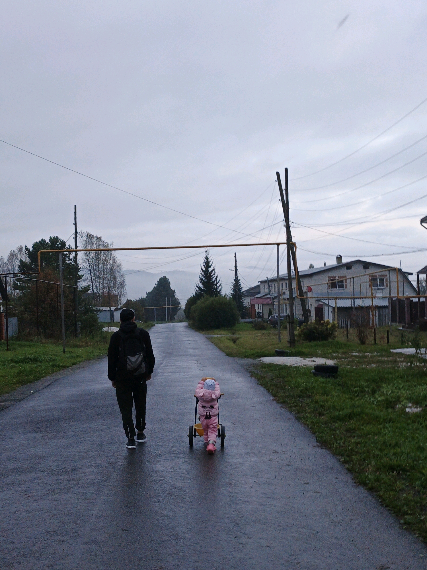 A person wearing a black jacket and backpack walks away from the camera down a wet asphalt road. To their right, a child in a pink snowsuit pushes a small yellow toy cart. The road is lined with grass and trees. In the background, there are houses, utility poles, and power lines. The sky is overcast and gray, suggesting a cool, possibly rainy day. The scene appears to be in a rural or suburban area, consistent with the village of Medvedyovka, Russia.