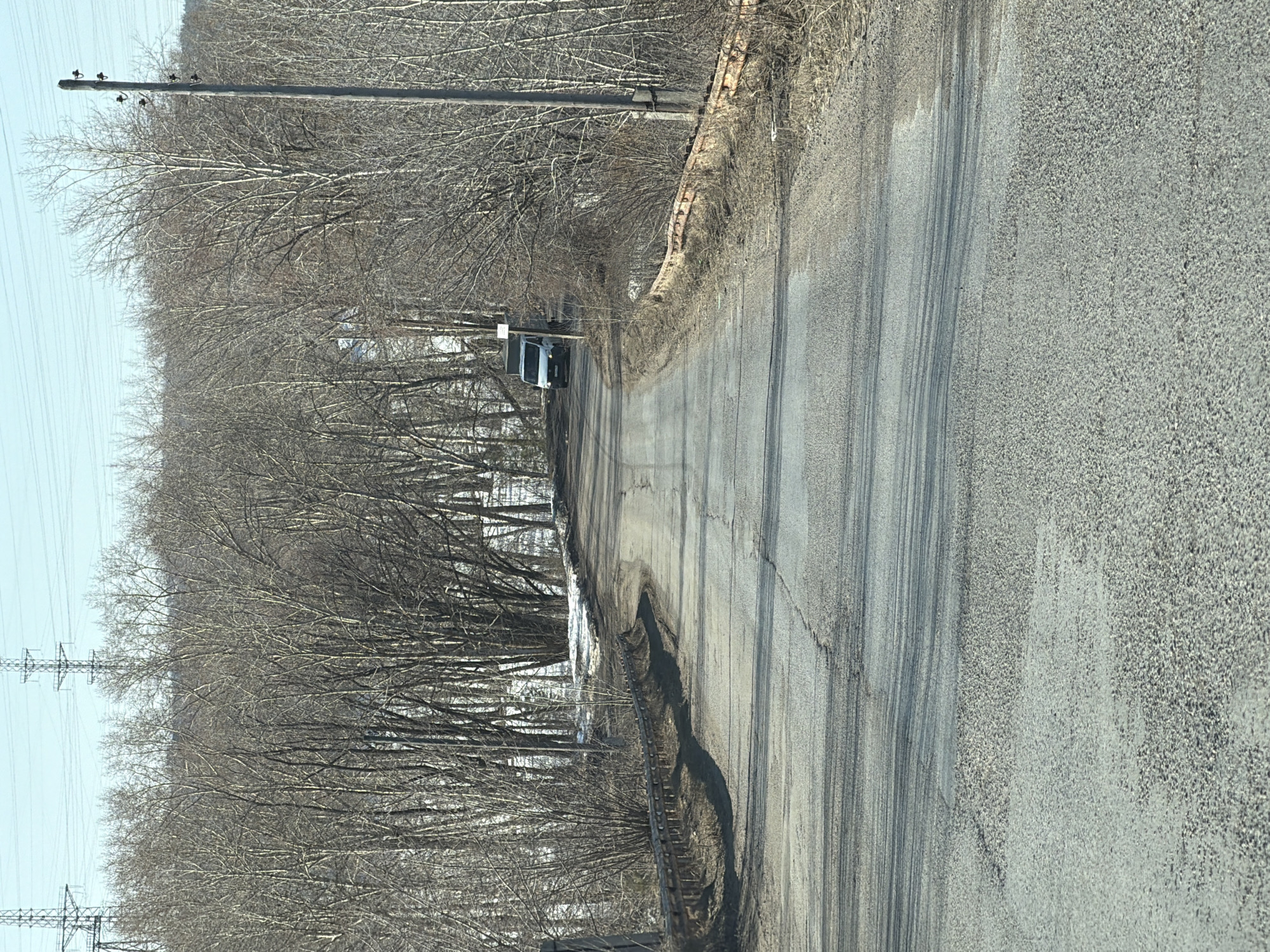 The image depicts a road in a rural area, likely on the outskirts of a city. The road is asphalt, showing signs of wear and tear with cracks and discoloration. It is lined on one side by a dense thicket of bare trees and on the other side by a vegetation covered metal guardrail. There is a car on the road in the distance. Overhead, power lines traverse the scene.
It is impossible to determine if this image is from Chaikovsky, Russia without additional information.