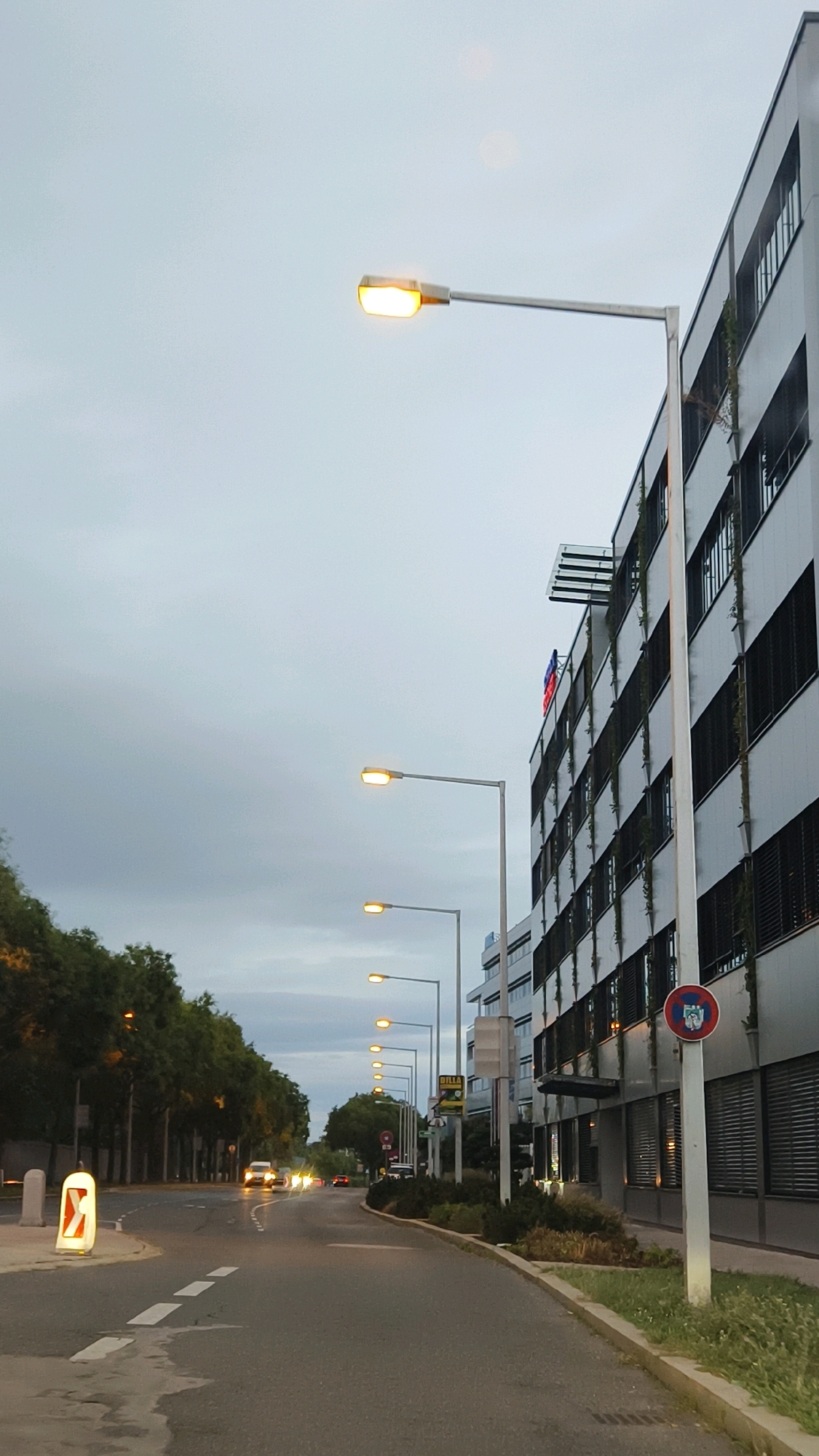 A vertical, medium shot captures a street scene at dusk in Vienna, Austria, with a modern office building dominating the right side of the frame and a tree-lined avenue on the left. The sky is overcast and a pale blue-gray. A tall, white lamppost with a lit yellow lamp extends from the foreground onto the right side of the image, reaching towards the building. The building, with its reflective facade, features multiple floors with dark-tinted windows and vertical green planters. On the roof, a colorful flag, possibly of the European Union, is partially visible.
Several other lampposts with lit lamps line the street, receding into the distance on the left. The asphalt road curves gently to the left and right. White dashed lines mark the lanes. On the left side of the road, a row of mature trees with dense foliage stands. In the foreground on the left, a white and orange reflective traffic marker is present. Several cars are driving on the road, their headlights illuminated. One car in the distance on the left has its headlights on. On the right side of the road, a signpost with a red and blue circular symbol, indicating a parking restriction, is visible near the building. A small bush and grassy area are present between the sidewalk and the building. The overall impression is a quiet evening on a modern urban street.