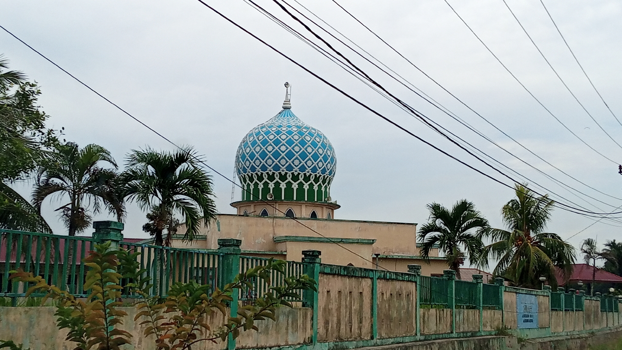 The image shows a mosque with a blue and white patterned dome, topped with a finial, situated behind a green fence. The mosque building is a light beige color with green trim around the base of the dome. Several palm trees are visible in the foreground and to the sides of the mosque. Overhead, multiple power lines crisscross the sky. The sky is overcast, indicating a cloudy day. A portion of a sign is visible on the fence, but the text is not legible. The overall scene suggests a quiet, possibly suburban or rural setting within Pulorayeuk, Indonesia, given the presence of tropical vegetation and the architectural style. There are no people visible in the image.