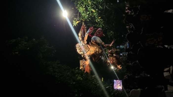 A large, illuminated Ogoh-ogoh effigy dominates the center of a nighttime scene in Pecatu, Indonesia. The effigy depicts a multi-limbed, fierce-faced humanoid figure with prominent golden adornments and red accents, caught in a dynamic, crouching posture above a smaller, darker creature. Bright artificial light sources cast a strong glare and horizontal lens flares across the upper-mid section of the image, illuminating the effigy against the dark sky. Dense, silhouetted crowds of individuals stand in the foreground, facing towards the effigy. Green foliage from trees is visible on the left and right sides of the main subject. A small illuminated screen displaying multiple human figures is situated in the lower-left background.
