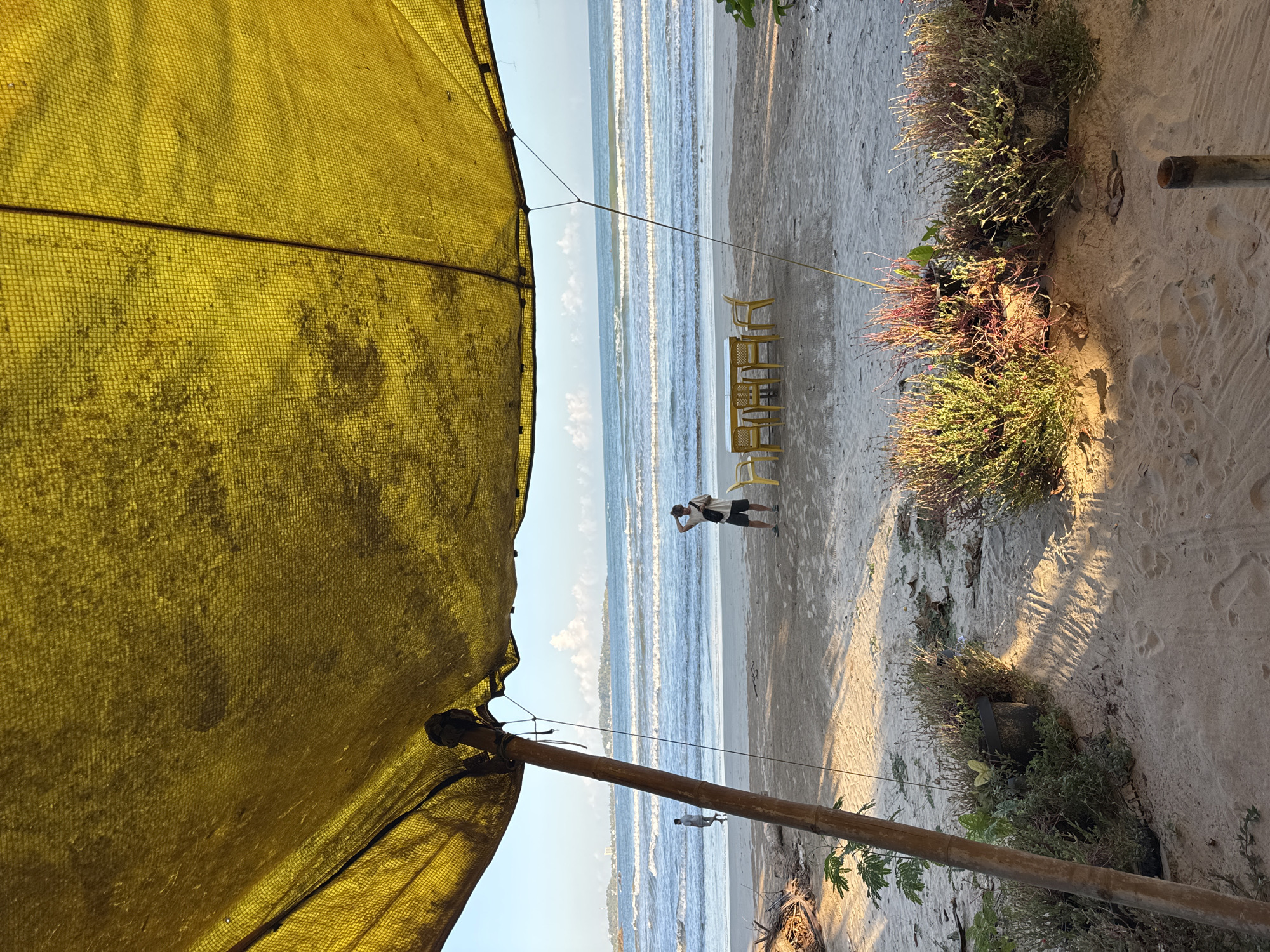 The image depicts a serene beach scene in Weligama, Sri Lanka, taken from beneath a large, weathered yellow canopy. The foreground is dominated by the sandy beach and some low-lying vegetation in pots. In the mid-ground, a person stands near a table and chairs set up on the sand, facing the ocean. Further in the distance, another person walks along the shoreline. The ocean stretches to the horizon, with gentle waves rolling onto the beach under a clear sky with scattered clouds. The overall impression is one of a tranquil coastal setting, possibly a cafe or a resting spot on the beach.