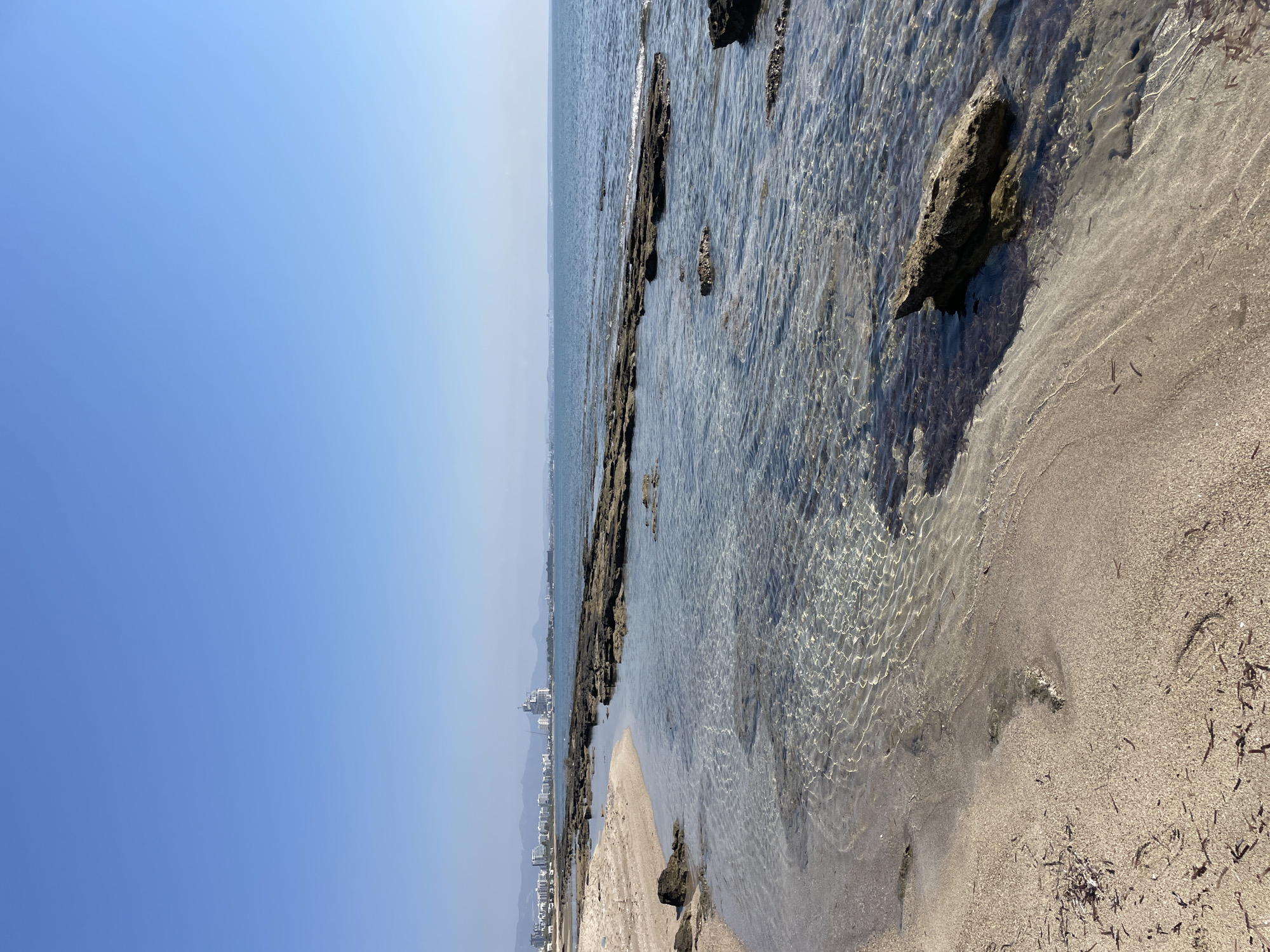 The image shows a tranquil coastal scene with a clear blue sky stretching over a calm sea. The foreground features a sandy beach with scattered seaweed and small stones. The water is shallow and transparent, revealing the rocky seabed beneath. A line of dark rocks extends from the shore into the sea, creating a natural barrier. In the distance, a city skyline is visible, with buildings and mountains forming a backdrop. The scene is serene and offers a picturesque view of the coastline in Agios Sergios, Northern Cyprus.