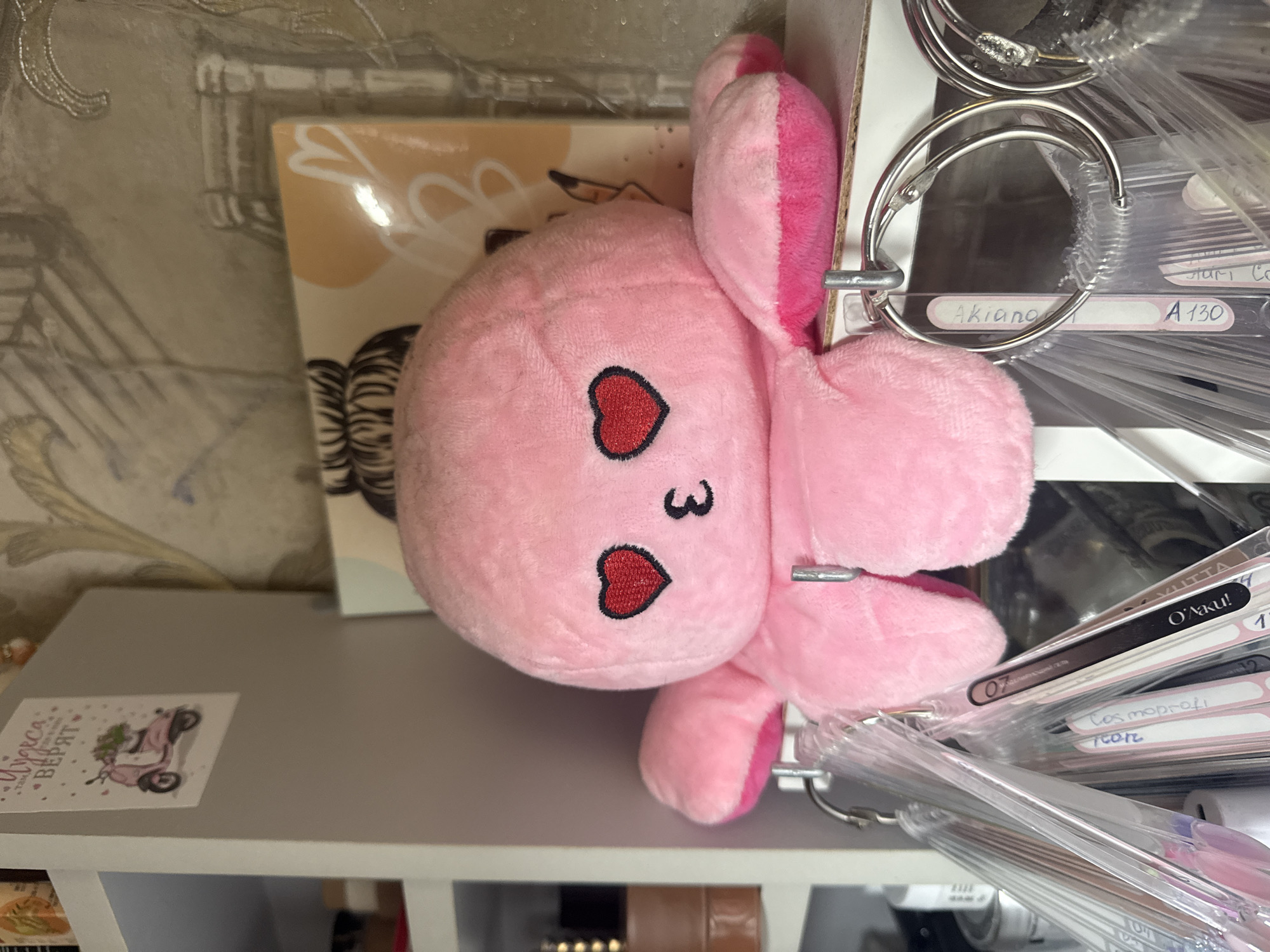 A pink plush octopus toy, featuring embroidered heart-shaped eyes and a "w"-shaped mouth, is prominently displayed, hanging by its tentacles from a silver metal binder ring. The toy is positioned on a light grey shelf or tabletop, appearing to gaze towards the viewer. Behind the octopus, a light-colored box or book cover with abstract white designs is visible.
To the right of the octopus, a collection of transparent plastic swatches, likely for nail polish or paint samples, are neatly organized on several metal binder rings. Many of these swatches bear labels with handwritten or printed text. Visible labels include "Akiano A 130", "MUTTA", "О'Лаки!", "Cosmoprofi", "21021", "Стамм", "B", "10", "3", and "07".
On the grey surface to the left, a small card or sticker depicts a pink scooter adorned with flowers, next to text that reads "Lieca.." and "ВЕРЯТ" (meaning "BELIEVE"). The background features a patterned wallpaper with subtle decorative motifs. Below the shelf, parts of other objects, including a brown item, are partially visible. The scene appears to be an indoor setting, likely a home or hobby space in Novoe Devyatkino, Russia, indicated by the Cyrillic text and location context. No specific activity is taking place; the image captures a static arrangement of items.