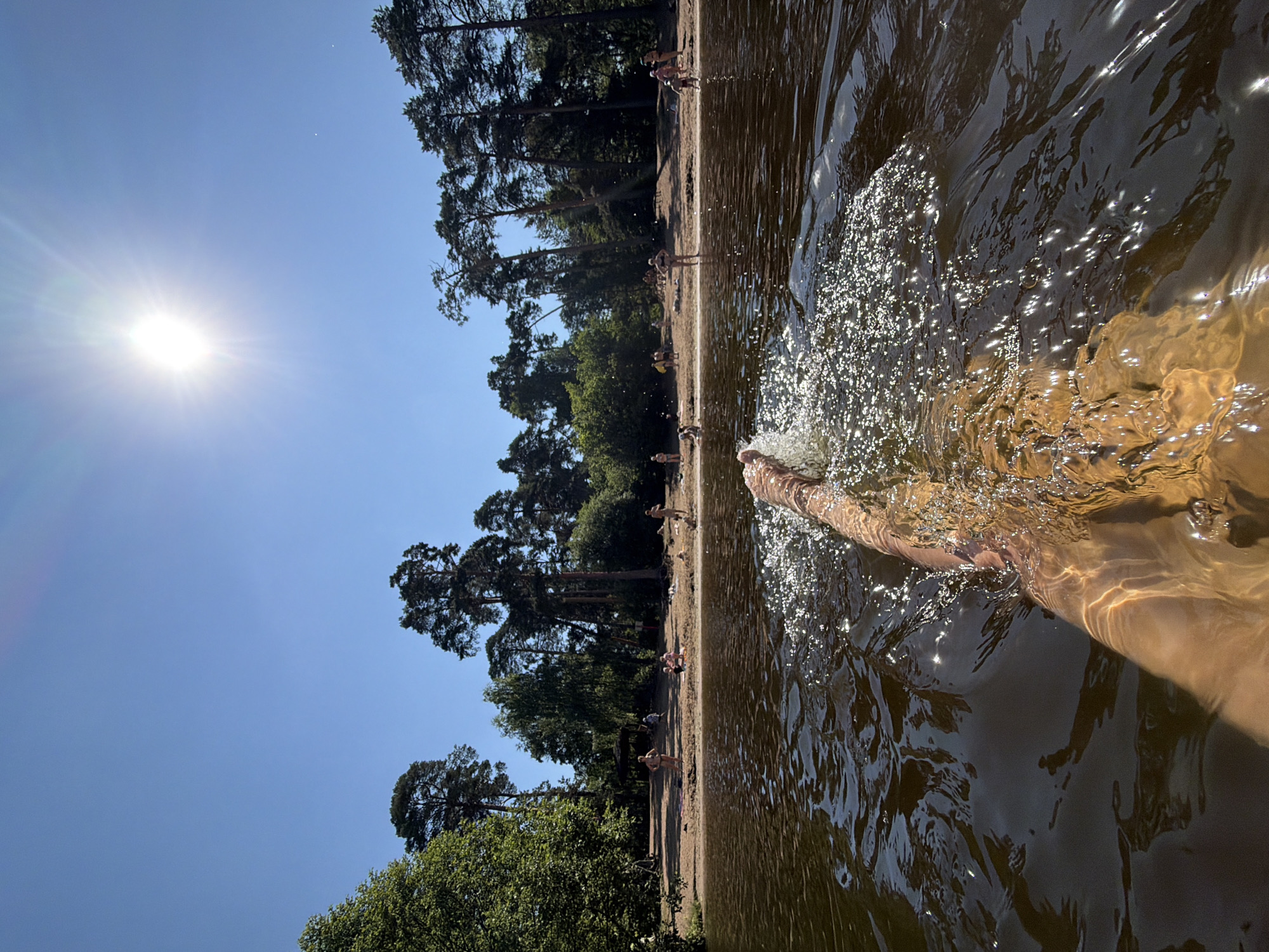 This is a low-angle, wide-shot photograph taken from the water, looking towards a sandy beach lined with pine trees. The sun is high in the bright blue sky, creating lens flare. In the foreground, a person's leg is visible, breaking the surface of the dark water and creating a splash with ripples and reflections. The beach in the background is populated by several people, some appearing to be swimming or relaxing. The scene is typical of a summer day at a recreational beach. While the image depicts a beach, it is not possible to determine the specific location within Moscow, Russia, from the visual information provided.