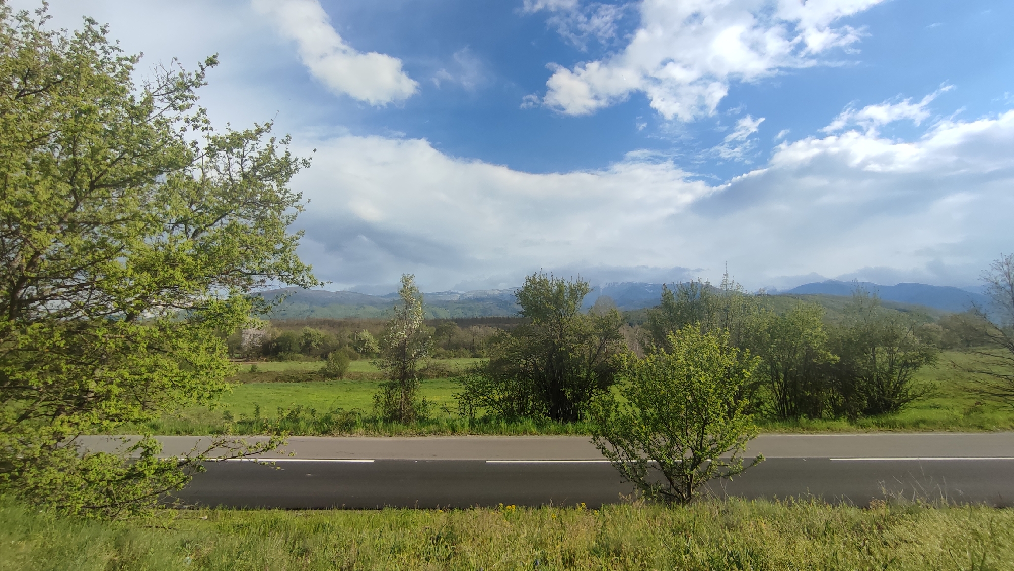 The image depicts a road landscape. A black asphalt road with a white line down the center is visible. Lush green vegetation covers the ground on either side of the road. Trees with green leaves are present on the left side of the image. In the background, a field stretches towards a line of trees. Beyond the trees, mountains are visible, partially obscured by clouds. The sky is blue with patches of white clouds. The location is possibly near Maritsa, Bulgaria, given the mention of the city.