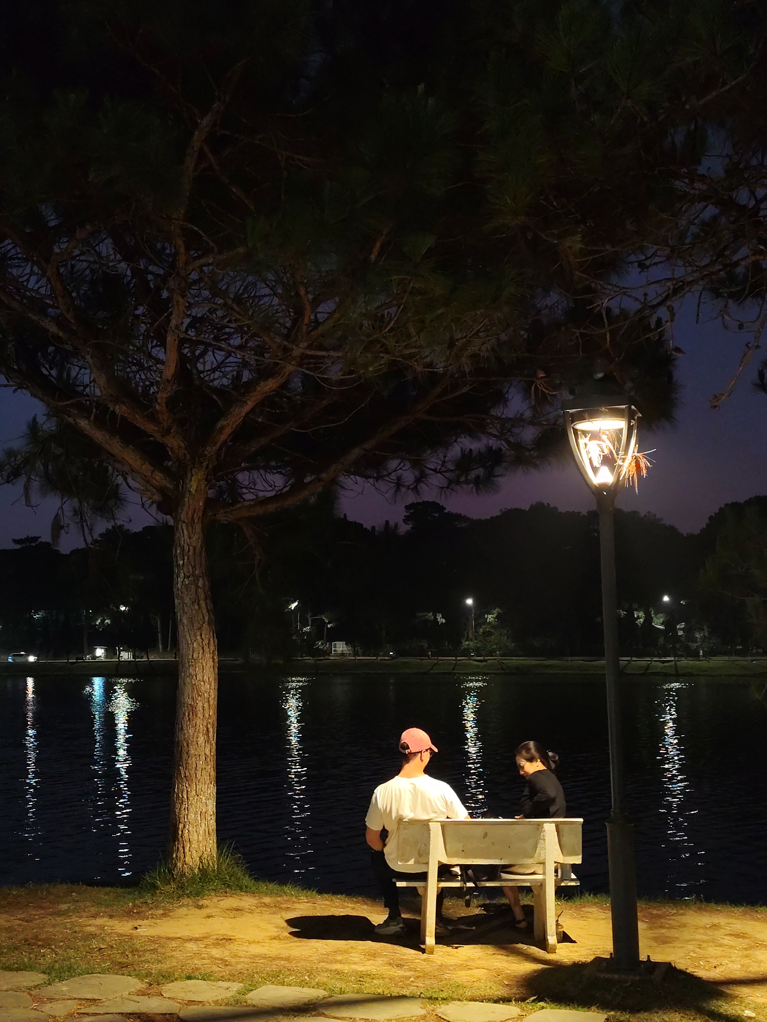 A man and a woman are sitting on a white park bench illuminated by a lamppost near a lake in Da Lat, Vietnam, at night. The man is wearing a white t-shirt and a pink baseball cap, while the woman is wearing a dark top. The lake reflects the light from distant buildings and the lamppost. A large tree is beside the bench.
