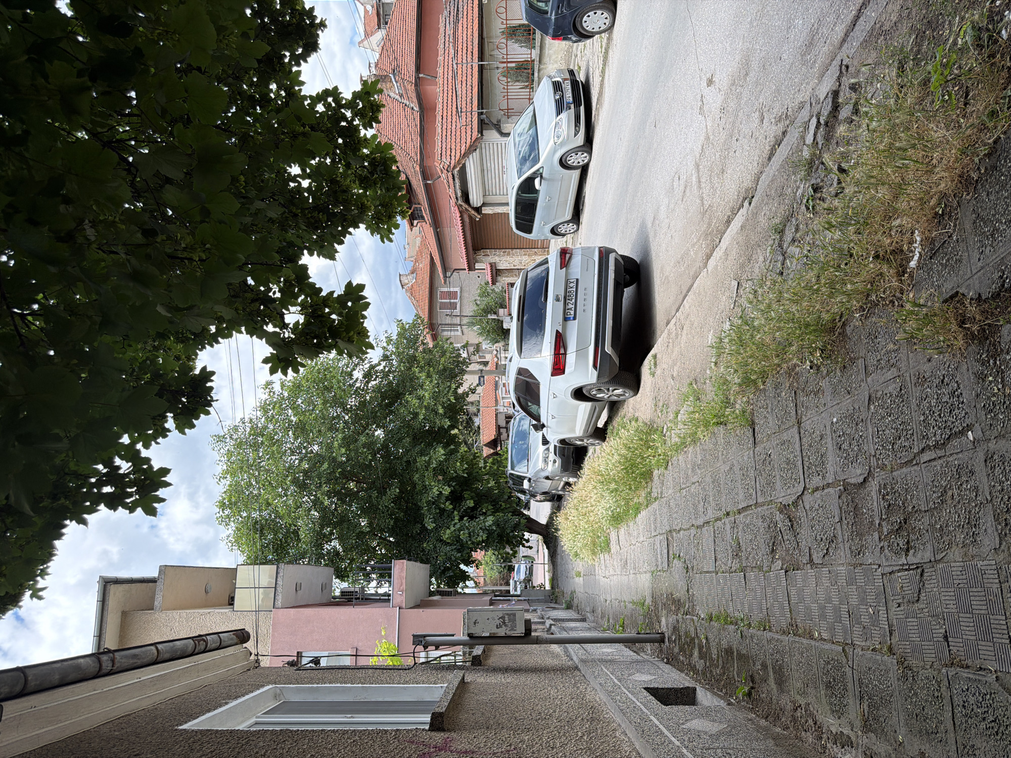 A street view in Pazardzhik, Bulgaria, shows a sidewalk with cracked paving stones on the left, next to a building with a textured facade and a pink section. A metal pole with some attached equipment stands near the sidewalk. The sidewalk is lined with overgrown grass. Several parked cars are visible on the right side of the street, including a white SUV with license plate PA 2488 KX, a silver minivan, and a dark car. Behind the parked cars, residential buildings with red tile roofs are visible. A large tree with green leaves shades part of the scene. The sky is partly cloudy.