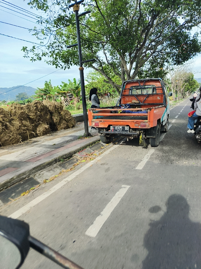 The image was taken on a paved road in Soreang, Indonesia (latitude: -7.023, longitude: 107.533). An orange pickup truck is parked on the right side of the road, facing forward. There are two people in the truck, one sitting in the driver's seat and one standing in the bed of the truck. There is a person walking on the sidewalk on the left side of the road. The person appears to be wearing a dark hijab.  There is a pile of dirt and vegetation on the left side of the road. There are power lines overhead. The scene is captured from a low angle, showing a view of the road from behind the truck. There are trees and vegetation on both sides of the road, and a large tree in the background. The truck has a license plate that reads "D 8335 KO".