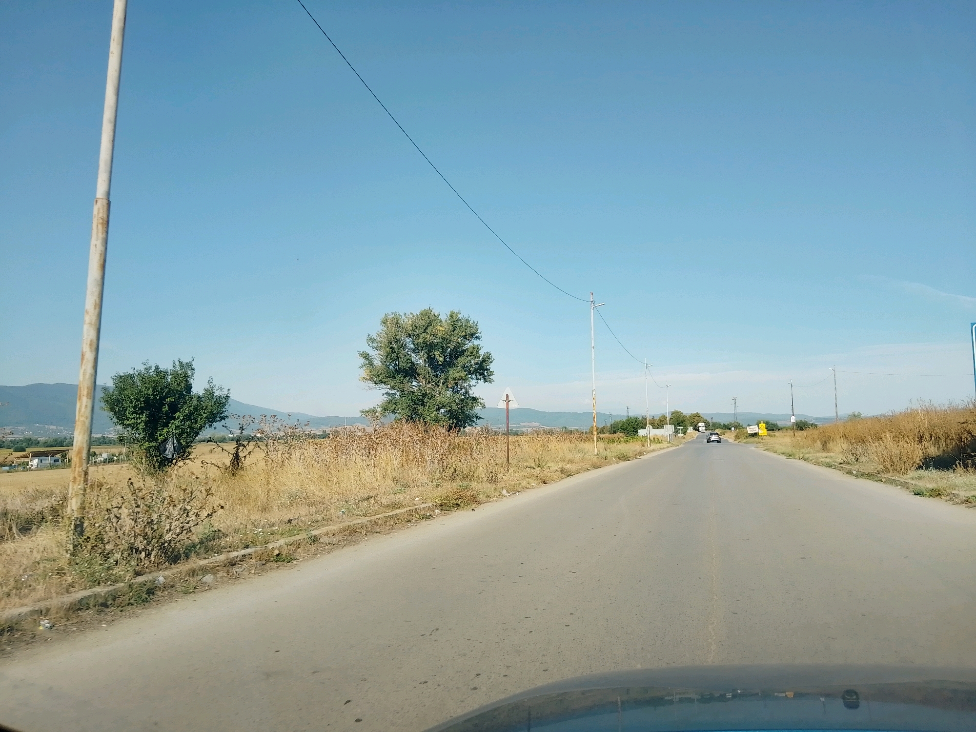The image shows a paved road stretching into the distance under a clear blue sky. The road is bordered on the left by dry, yellow grass and some greenery, with a tall, weathered utility pole on the left edge of the frame. In the middle ground, a large, leafy green tree stands out against the drier vegetation. Further down the road, a few cars are visible, and several utility poles line the right side of the road. The landscape appears rural, with rolling hills visible in the background. The foreground shows the hood of a vehicle. The scene is consistent with a road in or near Ihtiman, Bulgaria, given the characteristic rural landscape and utility infrastructure.