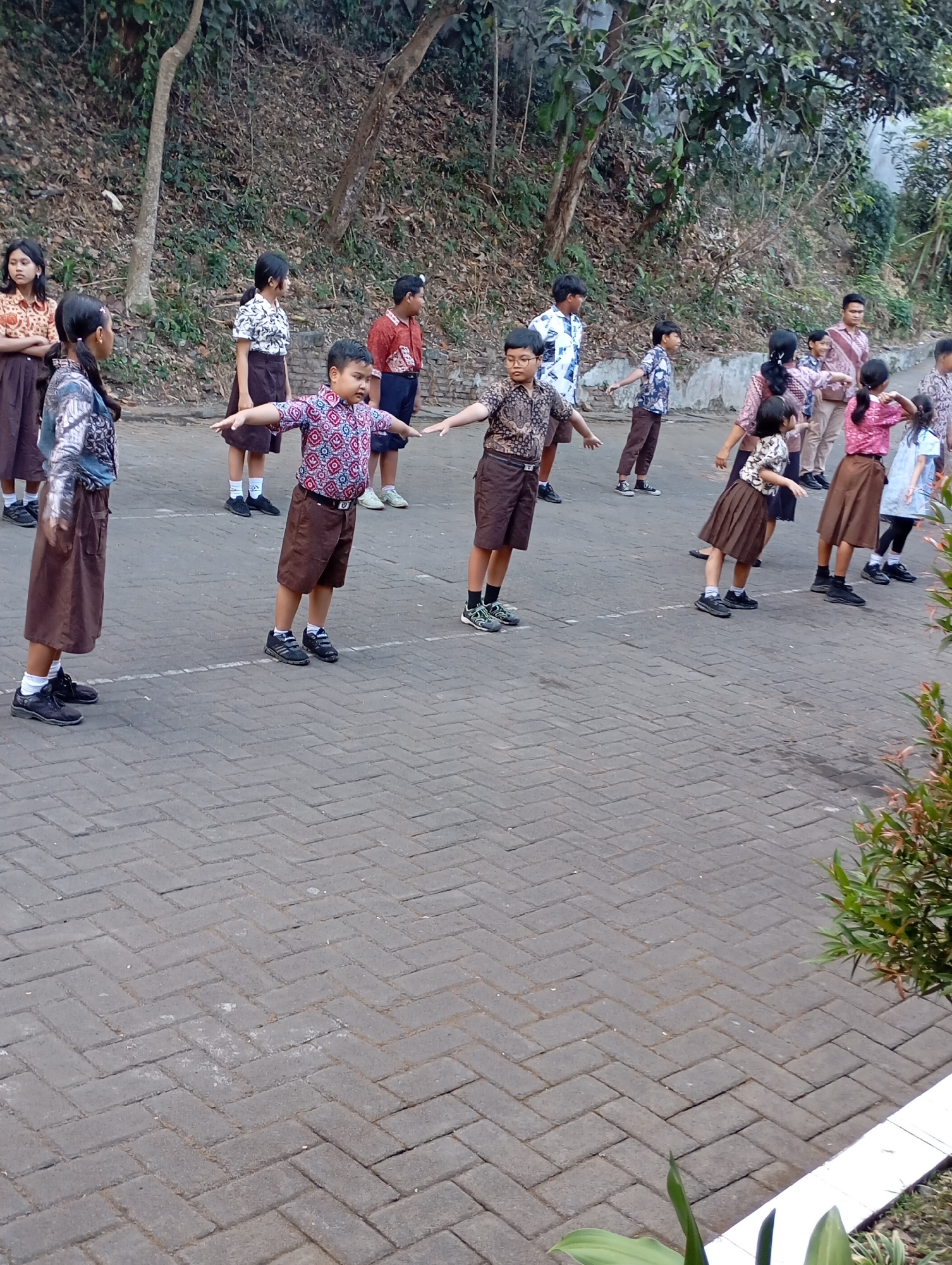 In Malang, Indonesia, a group of schoolchildren in uniform are engaged in outdoor physical activity on a paved area. The students, dressed in batik-patterned shirts and brown skirts or shorts, are positioned in various poses, suggesting they are performing exercises or a synchronized routine. The background features a steep, vegetated embankment with trees, characteristic of the hilly terrain often found in Malang. The ground is paved with interlocking grey bricks arranged in a herringbone pattern. The overall atmosphere appears to be that of a school event or lesson taking place in a natural, outdoor setting.