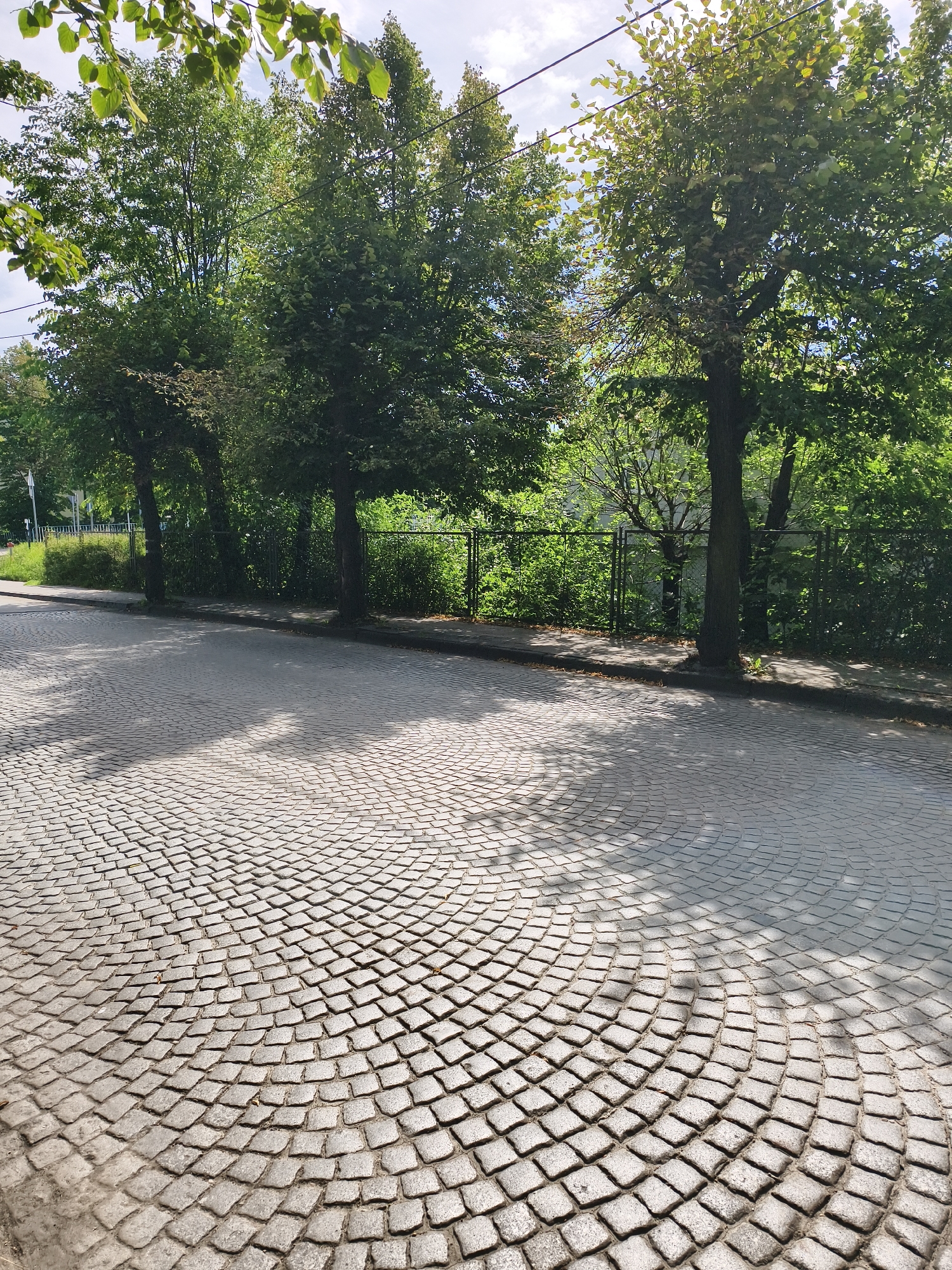 The image shows a cobblestone street in Tczew, Poland, with trees lining the sidewalk. The street is paved with small, gray cobblestones laid in a fan pattern. Sunlight casts shadows from the trees onto the street, creating a dappled effect. In the background, there is a black metal fence and lush green foliage. The sky is visible at the top of the image, with some clouds. There are no people or animals in the image.