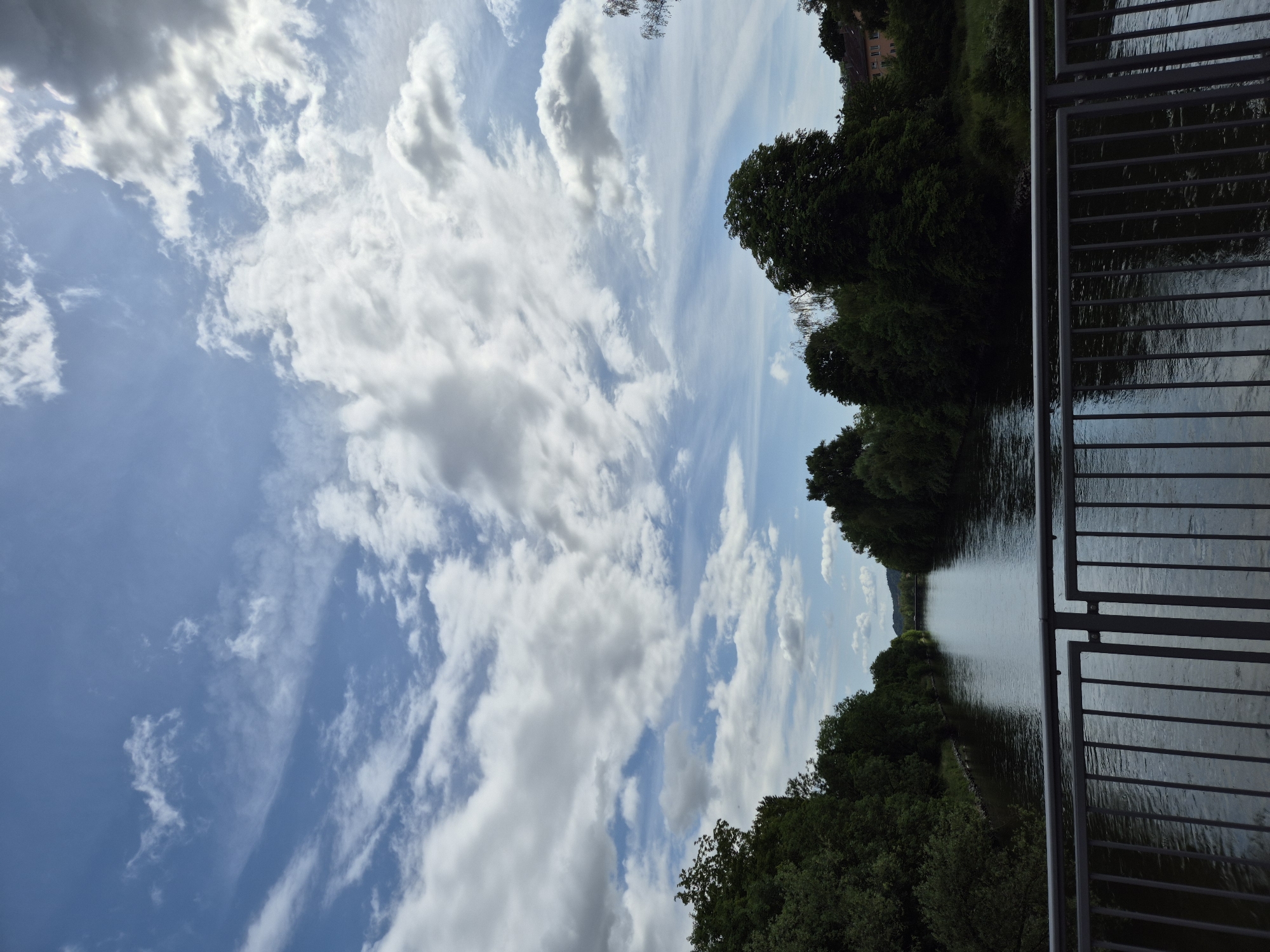 The image displays a wide river scene captured from the perspective of a bridge. A dark gray metal bridge railing with vertical bars and a horizontal top rail occupies the bottom third of the frame. The river, dark and appearing calm, flows from the foreground towards the background, reflecting the cloudy sky. Both banks of the river are densely lined with dark green trees and foliage, forming a natural corridor that recedes into the distance. In the far distance, a faint structure resembling another bridge is visible across the river, with low hills or elevated terrain beyond it. On the right bank, behind the tree line, a portion of a reddish-brown building with a light roof is discernible. The sky above is bright blue and extensively covered by a variety of white and gray clouds, ranging from wispy formations in the upper left to larger, more defined cumulus clouds, particularly concentrated in the upper right. No people are visible in the scene. The location is in the city of Unknown, Unknown.