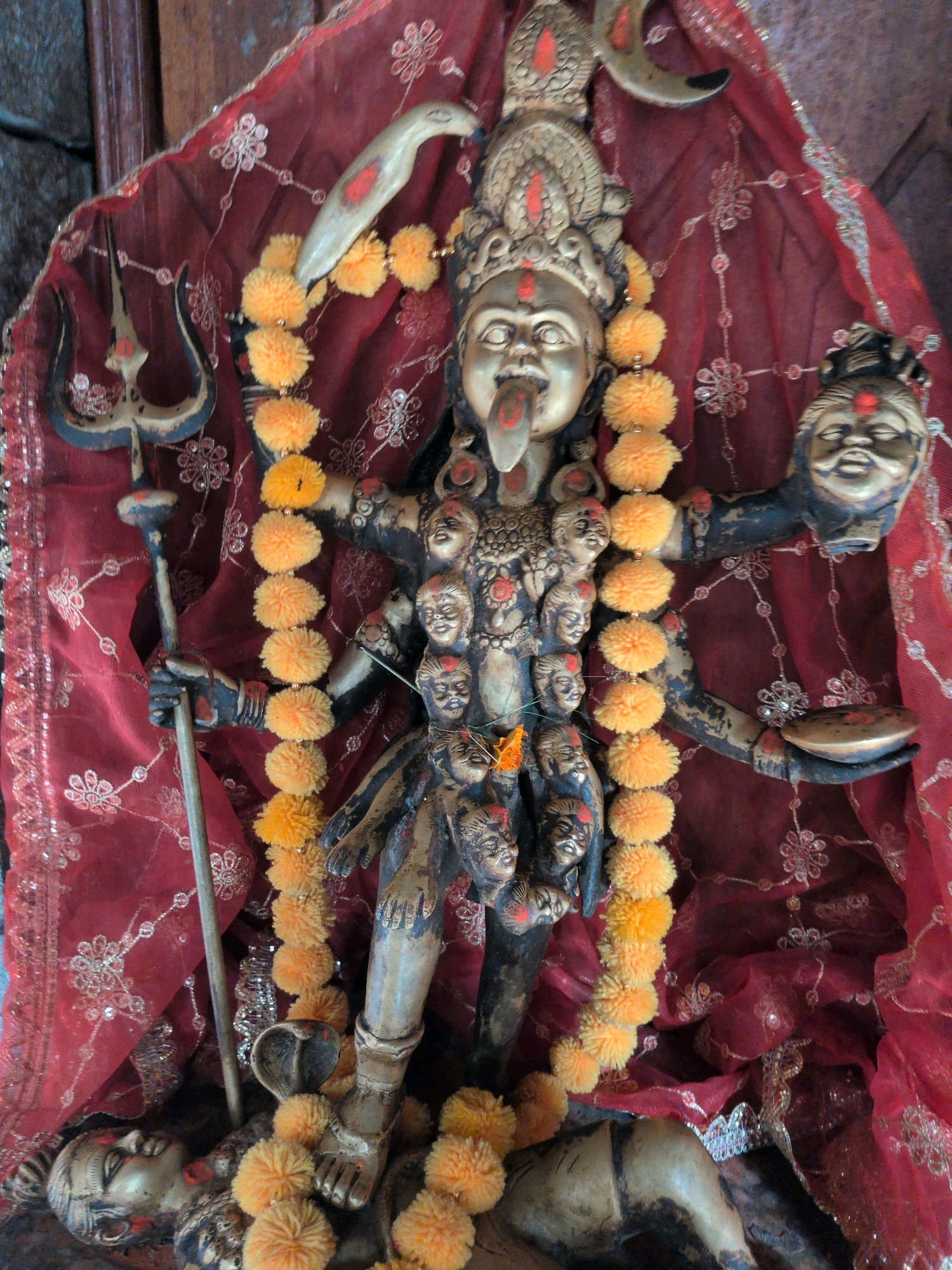 The image shows a statue of the Hindu goddess Kali, adorned with marigold garlands and standing on a severed head. The statue is set against a backdrop of red fabric with intricate white embellishments. Kali's multi-armed form is depicted, with one arm holding a trident and another holding a severed head. The statue is a dark bronze or metallic color, with gold accents on the face and headdress. The goddess has an open mouth with her tongue extended, and multiple smaller heads are visible emerging from her body. A severed head is depicted under her foot, with its eyes open and looking upwards. The overall presentation is religious in nature, likely an idol from a temple or shrine. The image does not provide any specific information about the location in Manali, India, or any people present.