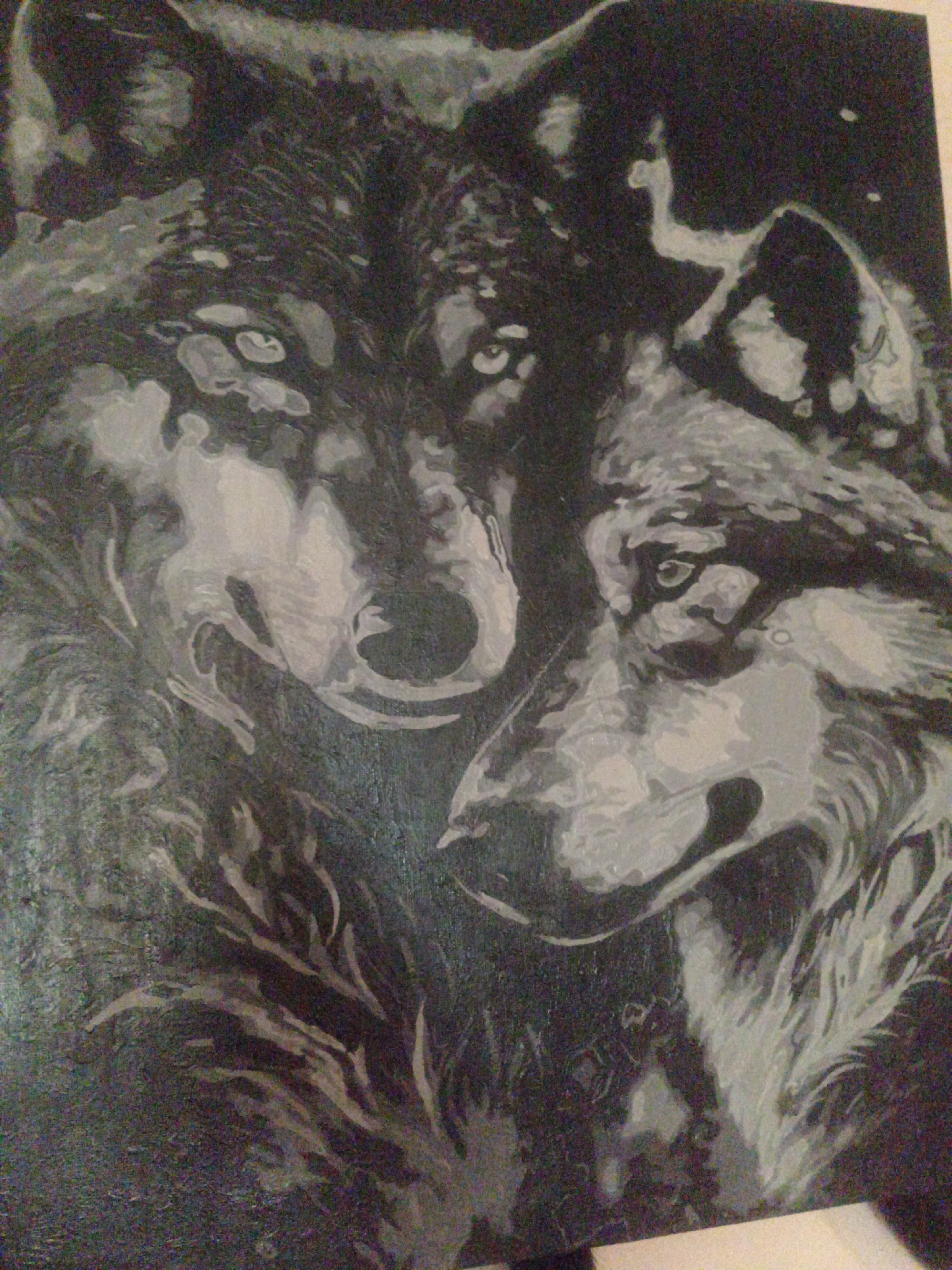 The image is a close-up, grayscale painting of two wolves. The wolves are depicted with their heads close together, one slightly behind the other. The wolf in the foreground is on the right, with its snout facing forward and its eyes looking to the left. The wolf in the background is on the left, with its head turned slightly towards the foreground wolf. Both wolves have detailed fur textures rendered in shades of gray and white, with dark shadows creating depth and contrast. The background is dark and indistinct, suggesting a nighttime or shadowed environment. The painting appears to be on canvas, with visible brushstrokes and a slightly textured surface. There is no discernible location in the city of Гвардейское сельское поселение, Ukraine, as the image is a close-up artistic rendering and not a photograph of a specific place.
