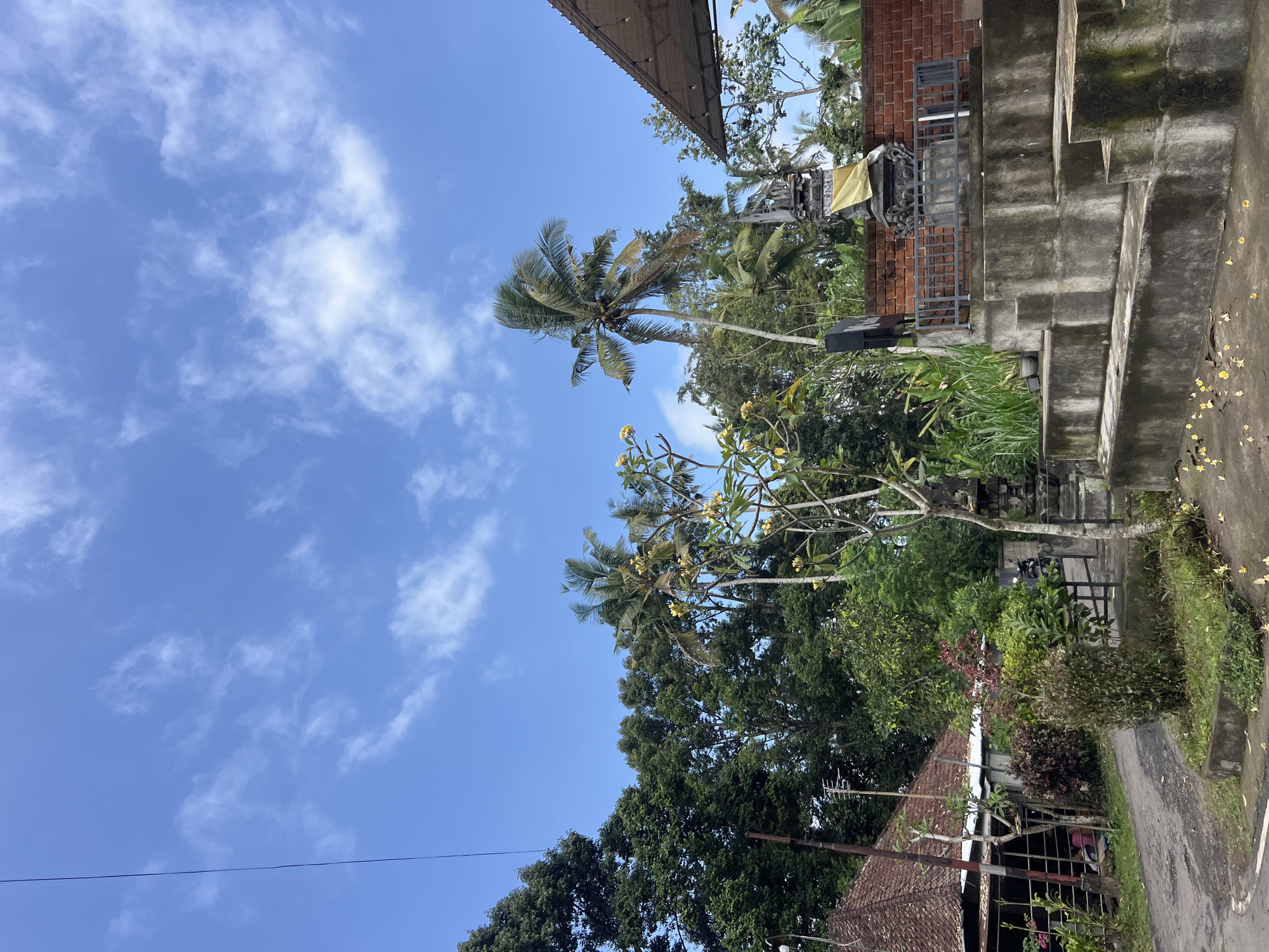 The image depicts a village scene in Tembuku, Indonesia, characterized by lush tropical vegetation and traditional architecture under a bright blue sky with scattered white clouds. In the foreground, a series of rough, grey concrete steps leads up to a raised platform adorned with a stone statue draped with a yellow cloth, possibly part of a shrine or temple. The steps show signs of wear and moss, indicating their age and exposure to the elements. Behind the platform, a red brick wall forms a backdrop. To the left, a modest house with a distinctive red tile roof and a simple fence is visible, suggesting a residential area. A dirt path curves away from the house, disappearing into the greenery. The mid-ground and background are dominated by dense foliage, including tall palm trees swaying in the breeze and other tropical trees, creating a dense, verdant landscape. The overall atmosphere is one of rural tranquility.