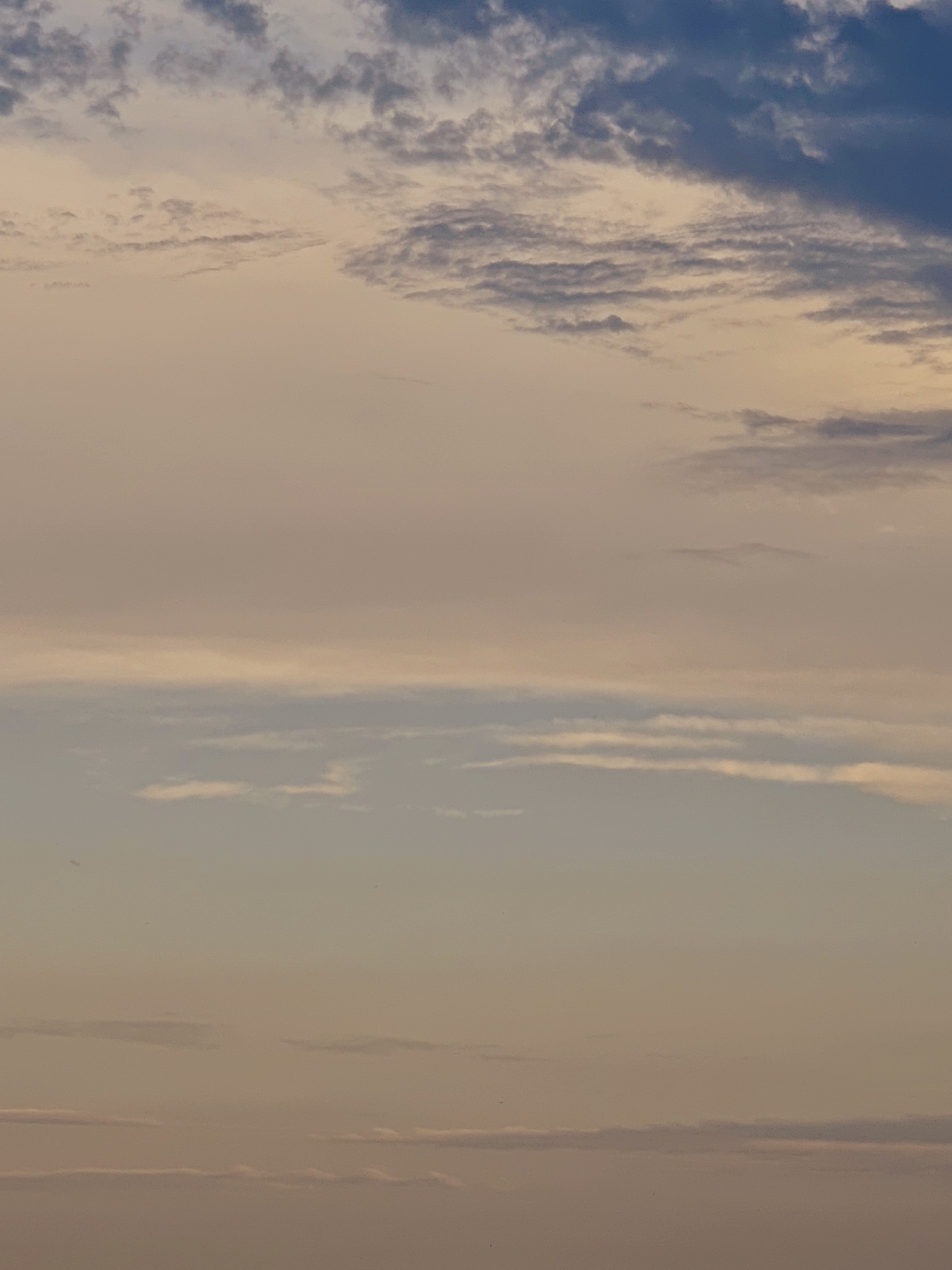The image is a close-up, vertical shot of a sky filled with clouds. The clouds are varied in texture and density, with some appearing wispy and thin while others are more defined and layered. The color palette ranges from deep blues and grays at the top of the frame, suggesting darker storm clouds or the upper atmosphere, to soft pinks, peaches, and pale blues towards the bottom, indicating a potential sunset or sunrise. There are also areas of lighter, yellowish hues mixed in, adding to the impression of changing light. The clouds are not obstructing a clear view of a horizon or any land features, making the sky the sole subject. There are no people, objects, or discernible text in the image. The lighting suggests it is either early morning or late evening. The overall mood is serene and atmospheric, evoking a sense of natural beauty and the vastness of the sky.