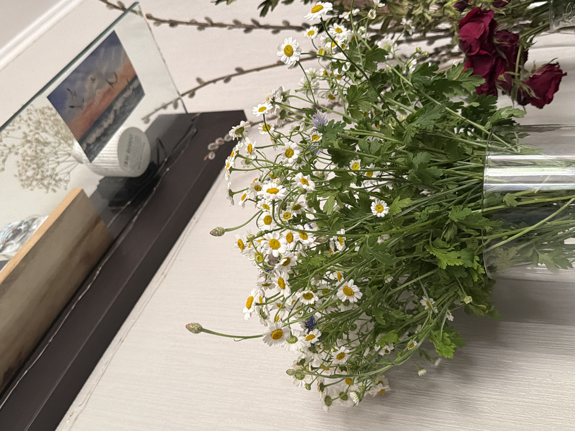 This media file captures a close-up view of a bouquet of white daisies with yellow centers, interspersed with some delicate green foliage and a few buds. The flowers are arranged in a way that suggests they are in a vase, though the vase itself is only partially visible and appears to be made of clear glass. To the left of the flowers, a mirrored surface reflects a small painting of a seascape with a sunset, and a white cylindrical object, possibly a container of some sort. Behind the flowers, a branch with small buds, possibly from a pussy willow, is visible against a white background. In the upper right corner, a cluster of dried red roses adds a contrasting element of color and texture to the arrangement. The overall scene is set on a light-colored, textured surface, likely a table or countertop. The lighting suggests it is indoors, possibly during the day, with soft light illuminating the scene. The arrangement of flowers, dried roses, and the seascape painting hints at a decorative display in a home or studio. There is no discernible text in the image.