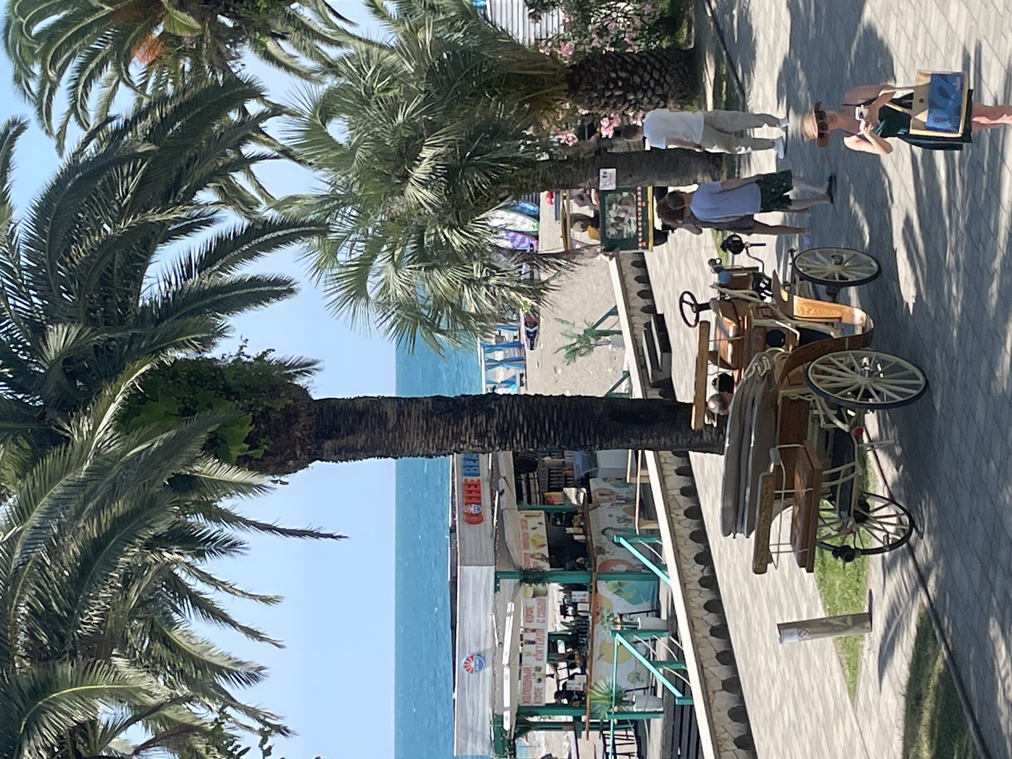 The image depicts a sunny day scene in Abaata, Abkhazia, near the Black Sea coast. In the foreground, a vintage horse-drawn carriage is parked on a paved walkway, with its wooden seats and spoked wheels visible. Several people are in the vicinity; a woman wearing a straw hat and sunglasses is holding a phone and a bag, while another woman in a blue dress is in the background. A man in a white t-shirt and beige pants stands further away. Behind the walkway, a beachfront cafe with outdoor seating and menus displayed is situated near the sandy beach. Palm trees line the area, casting shadows on the ground. In the distance, the blue waters of the Black Sea stretch out under a clear sky. Surfboards and beach umbrellas are visible on the beach, suggesting a recreational atmosphere.