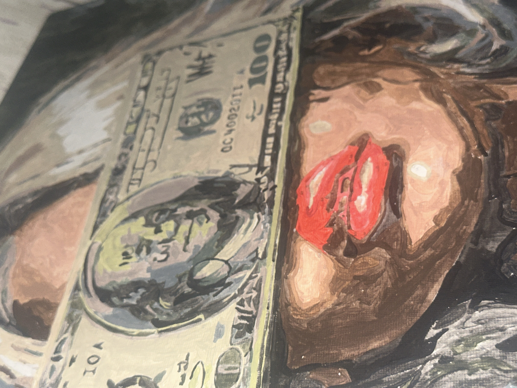 The image is a close-up of a painting. On the left is a depiction of a US $100 bill. To the right is a section of a person's face, including the lips, which are painted a bright red. The background is blurred and abstract, with shades of brown and grey. The location of Высокий, Russia, is not evident within the visual information of the image.