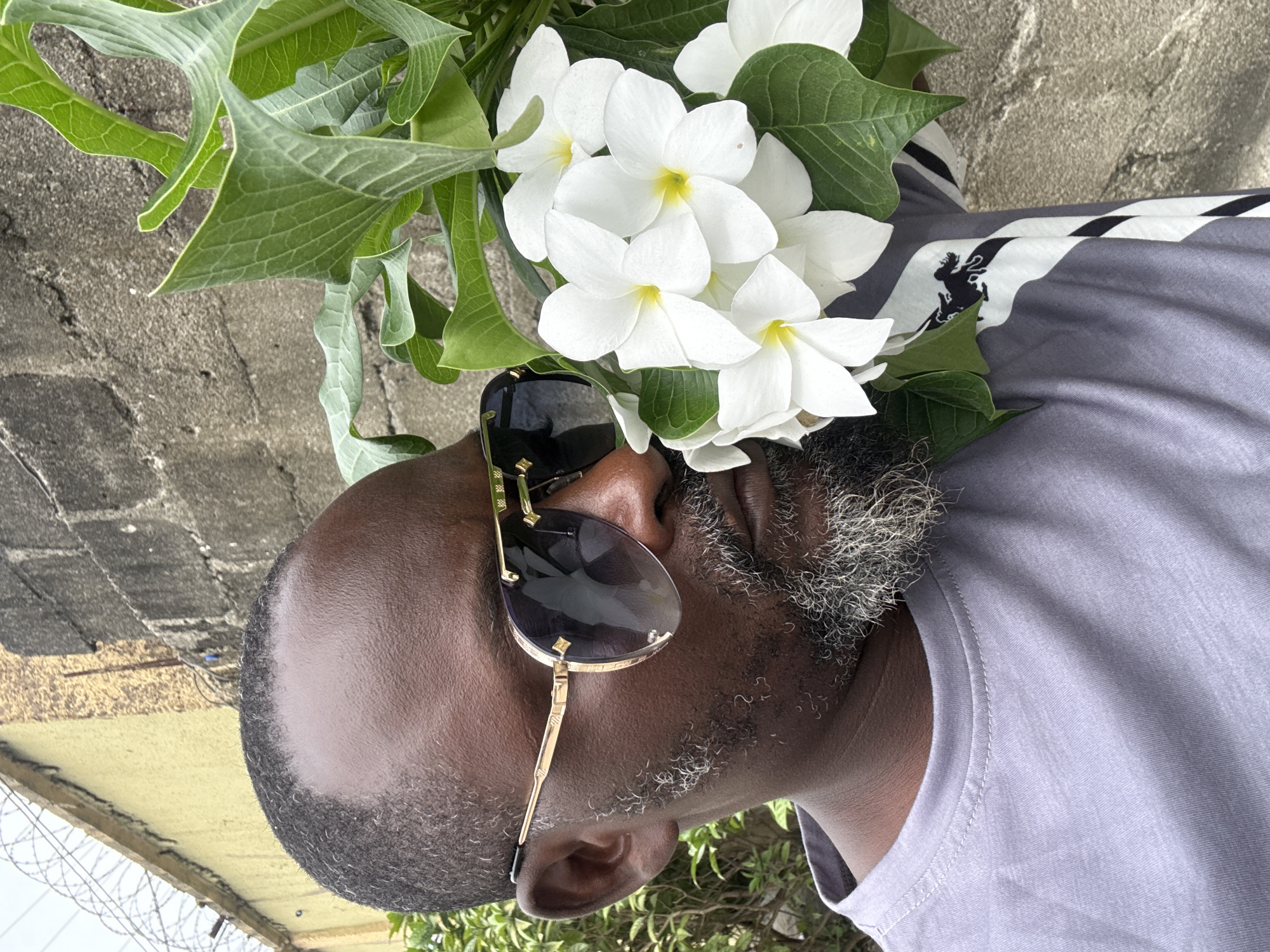 A close-up shot shows a dark-skinned man with graying facial hair and a shaved head wearing sunglasses with gold frames. He is positioned in front of a wall or building, with vibrant white flowers and green leaves clustered around his head. He is wearing a light gray t-shirt with a striped collar and a stylized logo depicting an animal. The setting appears to be outdoors in Ado, Nigeria, with elements like walls and foliage suggesting a natural or semi-urban environment.