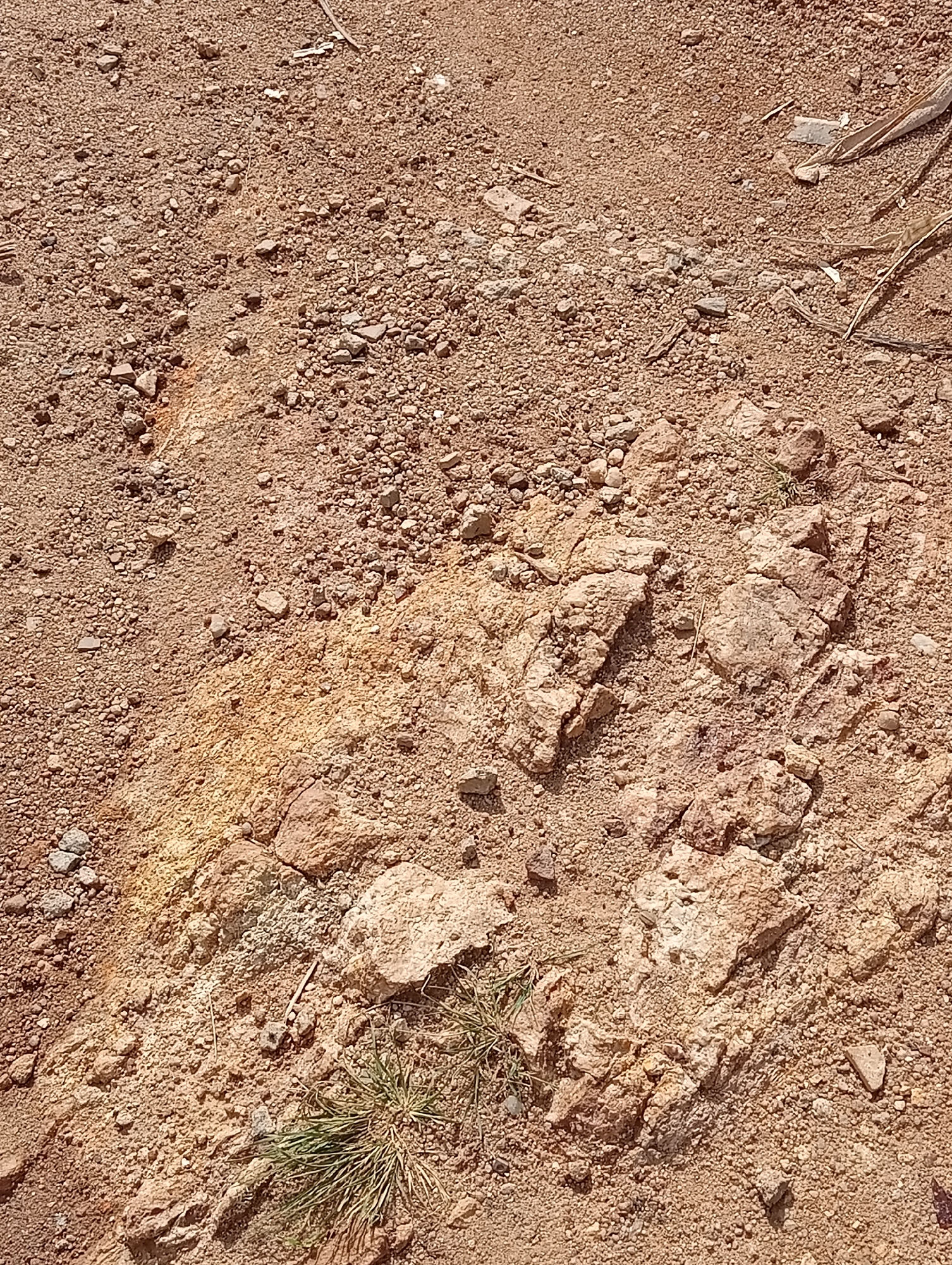 The image shows a close-up view of dry, reddish-brown soil with scattered small stones and a larger, broken rock formation in the center. There is a patch of yellowish soil or mineral deposit on the left side. Some dry grass is visible in the lower center and right of the frame, along with a few thin, dry plant stems or twigs. The scene appears to be an outdoor environment, likely unpaved ground. Without further context, it is not possible to specify a location within the city of Jos, Nigeria, or describe any people, actions, or interactions.