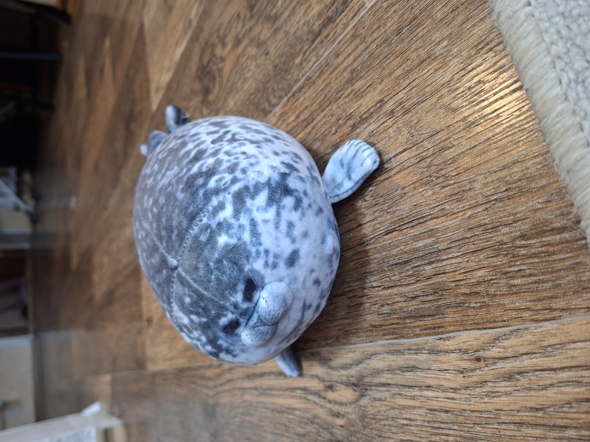A plush toy seal rests on a wooden floor. The seal is round and gray with darker spots. Its flippers are visible. The floorboards are brown with visible grain. A light-colored rug is partially visible in the bottom right corner. The background is blurred, showing a doorway and hints of furniture. The scene is indoors, in what appears to be a home in Gorkovskiy, Russia. There are no people directly visible in the frame.