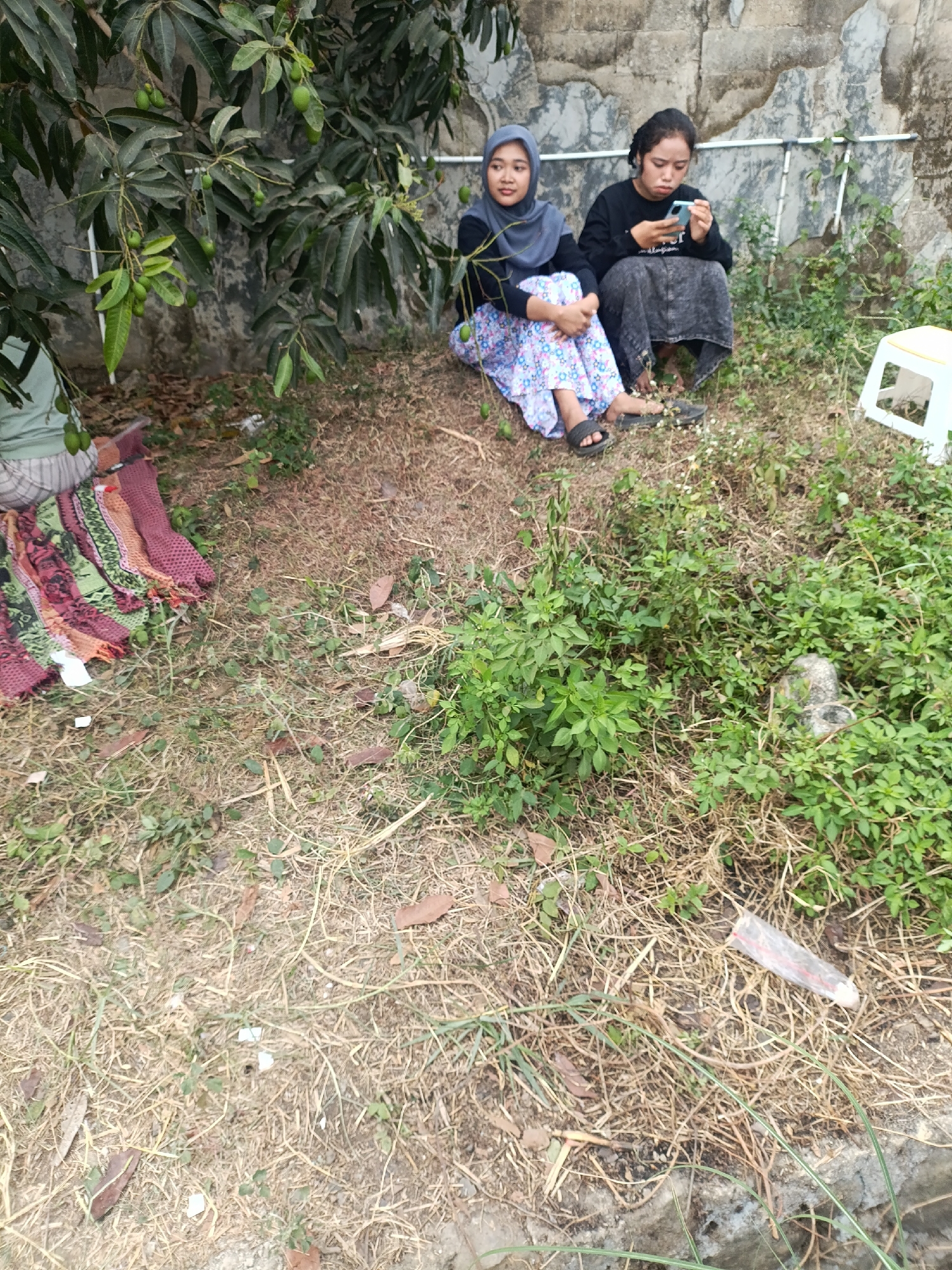 Two young women are seated on the ground outdoors, in front of a rough, grey wall. The woman on the left wears a grey hijab and a floral skirt, and is looking to her left. The woman on the right wears a dark long-sleeved shirt and a dark skirt, and is looking down at her mobile phone, which she is holding in her hands. Both women are sitting on a patch of dry grass, with a small tree with green mangoes growing to the left of the frame. To the right of the women, there is a patch of green bushes and a small white stool. A colorful blanket or rug is spread out on the ground to the left of the frame. The environment suggests an outdoor area in a residential or public space.