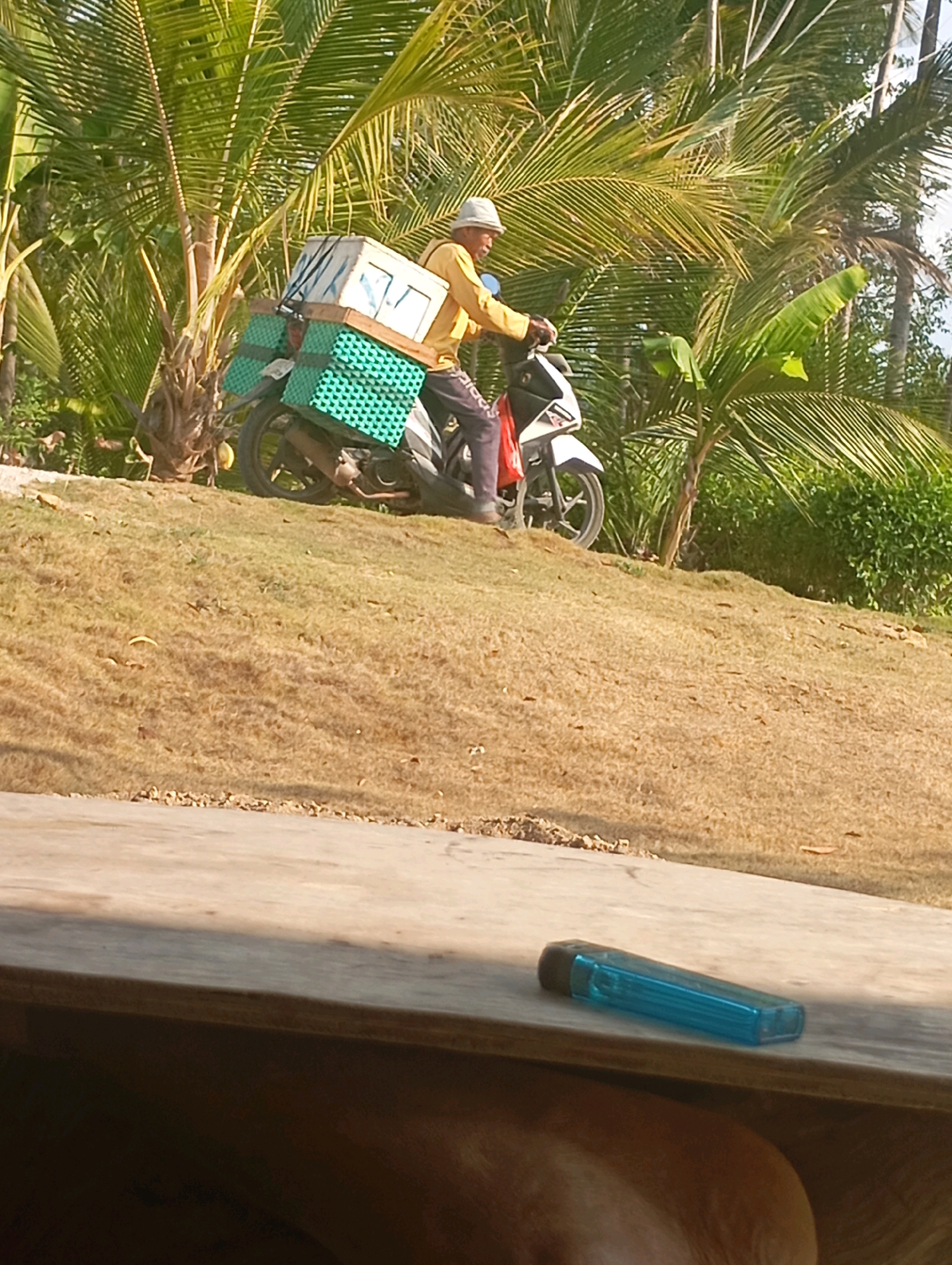 A man wearing a light-colored hat and a yellow long-sleeved shirt rides a white motorcycle on a grassy incline in Ketepung, Indonesia. The motorcycle is loaded with two green containers stacked with a white box on top. The man is looking to the right. Palm trees and green foliage form the background. In the foreground, a wooden surface is visible with a blue plastic lighter on it.
