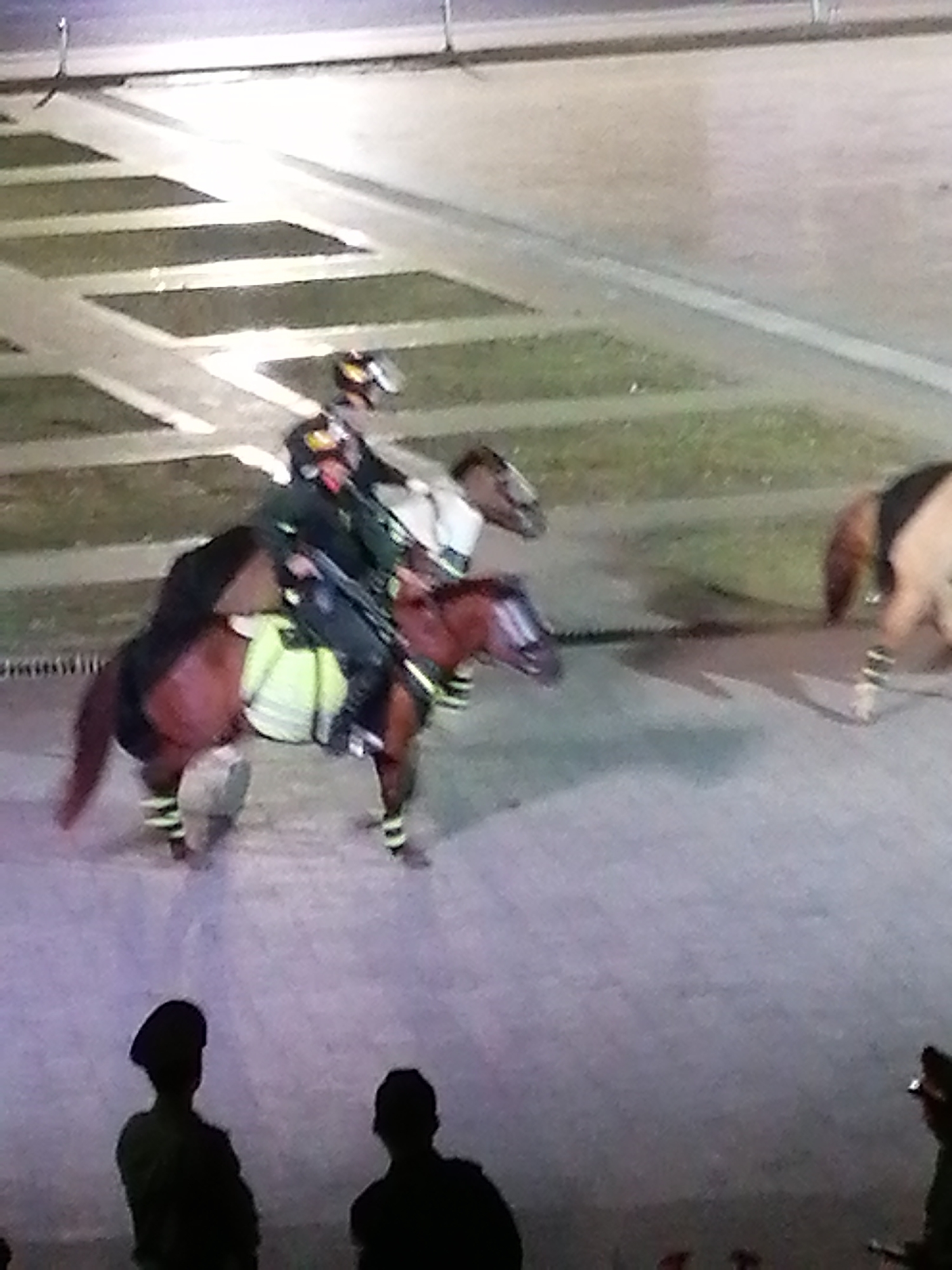 In Da Lat, Vietnam, at an outdoor event, two individuals in uniform are mounted on horses. One horse, a chestnut color, is equipped with a bright yellow saddle pad and has black and yellow striped leg wraps. The rider on this horse wears a dark uniform, helmet, and is holding what appears to be a rifle or long baton. The second horse is a lighter color and is partially obscured, with its rider also in uniform. In the foreground, the silhouettes of two individuals are visible, facing away from the camera, suggesting they are spectators or event staff. The background shows a paved area with geometric patterns, possibly part of a plaza or exhibition space. The lighting suggests the event is taking place at dusk or night.