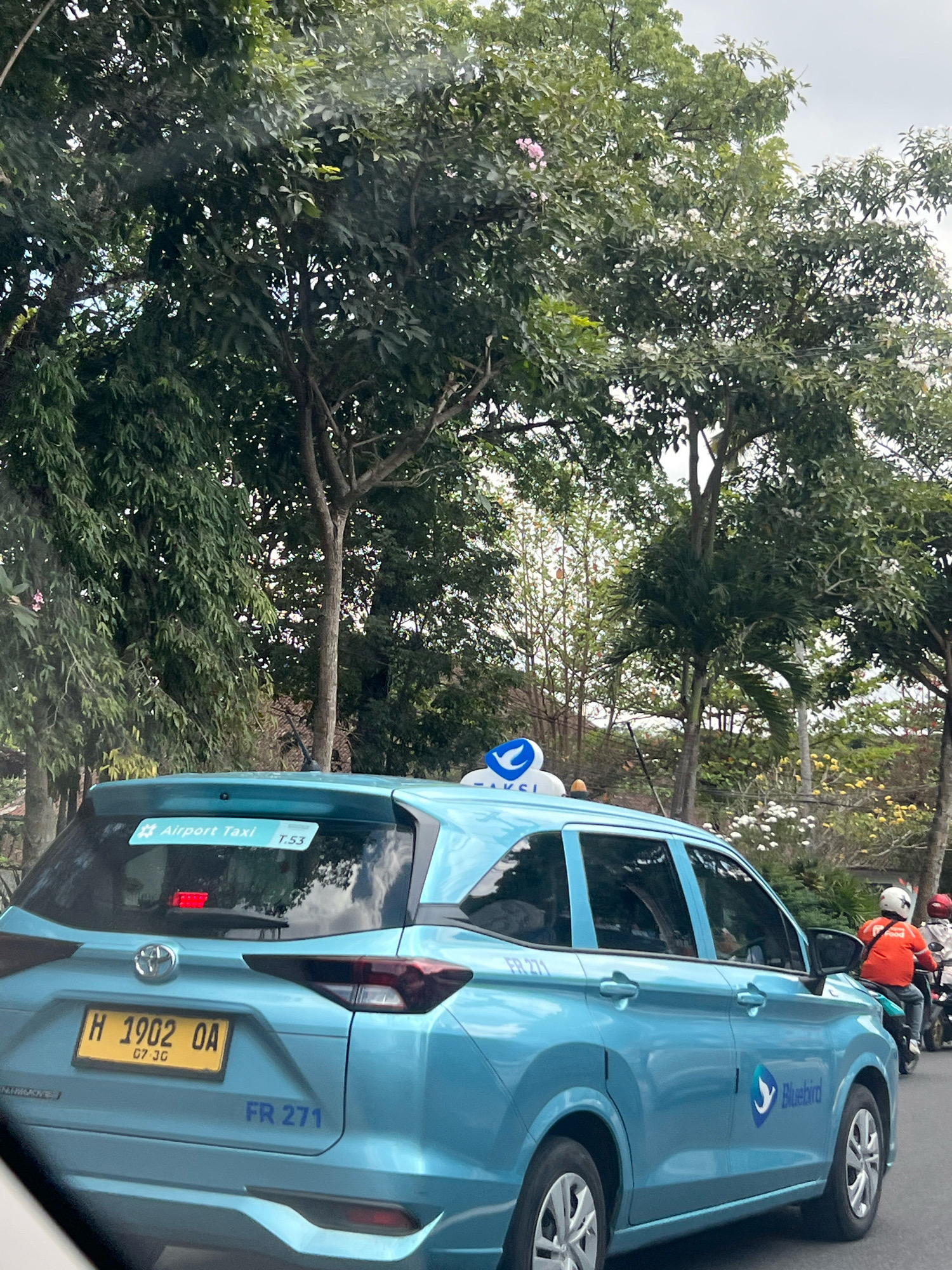 In Magelang, Indonesia, a light blue taxi, identified as a Bluebird Airport Taxi with license plate H 1902 OA and number FR 271, is the primary subject. The taxi is positioned on a road, likely in a city, bordered by dense foliage from numerous trees, some of which bear small pink and white flowers. The sky is overcast, suggesting a cloudy day. In the background, two individuals on motorcycles are visible, one wearing an orange jacket and white helmet, the other a red jacket and white helmet. The taxi has a prominent blue "Bluebird" logo on its side and an "Airport Taxi T.53" sticker on the rear window. The overall scene captures a moment of road traffic amidst a lush, green environment characteristic of the Indonesian landscape.
