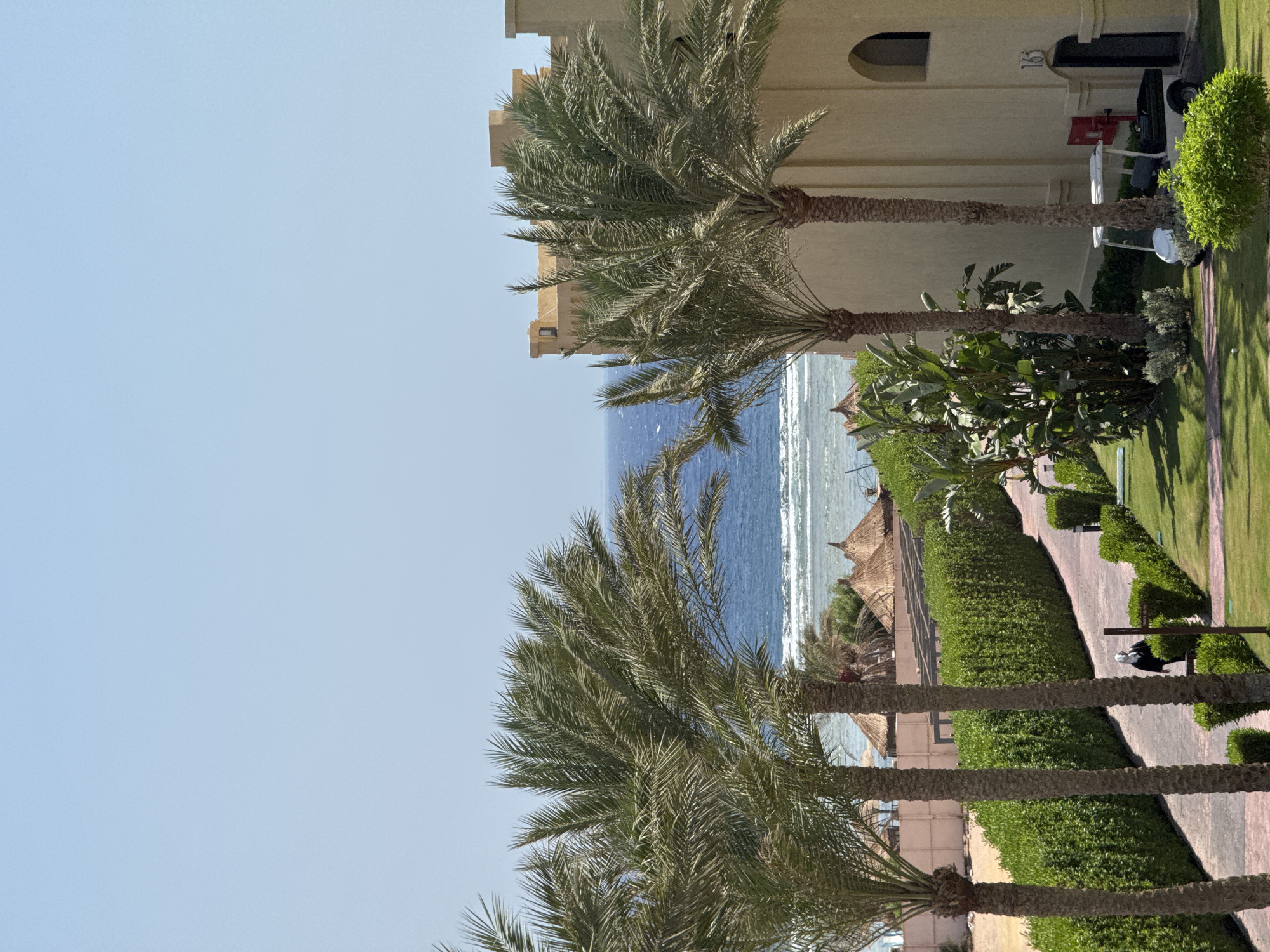 This is a landscape image taken in Unknown, Egypt, featuring a resort or hotel setting by the sea. In the foreground, several tall palm trees with lush green fronds dominate the left side of the frame. A paved walkway curves through the scene, bordered by meticulously trimmed green hedges and manicured lawns. A single person, dressed in dark clothing and a white head covering, walks along the path.
To the right, a light-colored building with arched windows and a crenellated roofline stands prominently. A small white golf cart is parked near the building. In the background, the blue sea stretches to the horizon under a clear, pale blue sky. Several thatched-roof cabanas are visible on the beach, and the water shows gentle waves breaking on a shallow reef. The overall atmosphere suggests a sunny, tropical vacation destination.