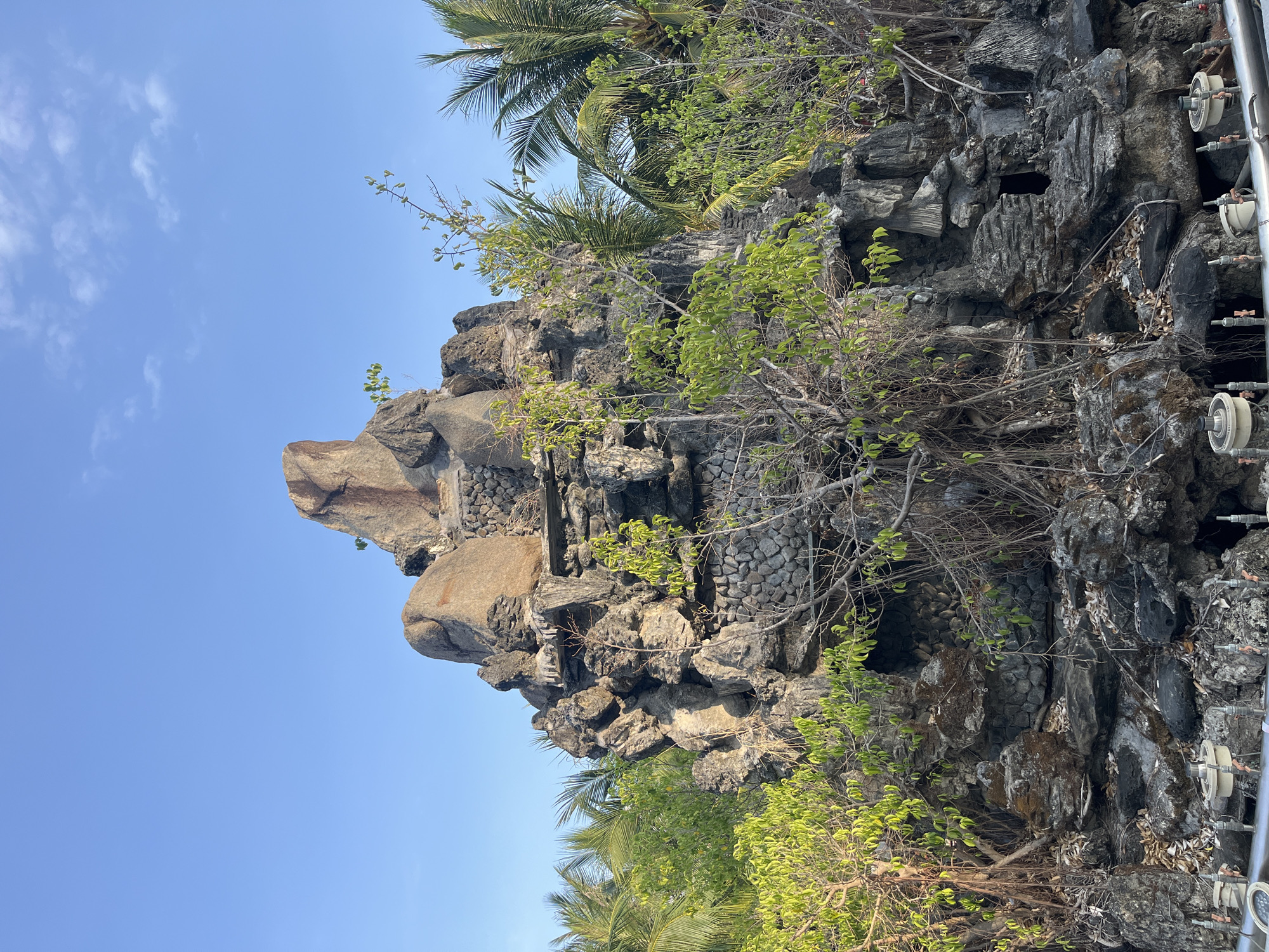 The image shows a rocky outcrop vegetated with bushes and palm trees, set against a clear blue sky. The rock formation is dark, possibly volcanic, with textures suggesting eroded surfaces and layering. The foliage is a mix of green leaves and bare branches. Some engineered elements are visible on the right side, including pipes and circular components, indicating the location is a built or modified environment. Based on the location provided, the image depicts a scene from Bac Nha Trang Ward, Vietnam, where natural rock formations might be integrated into a designed landscape.