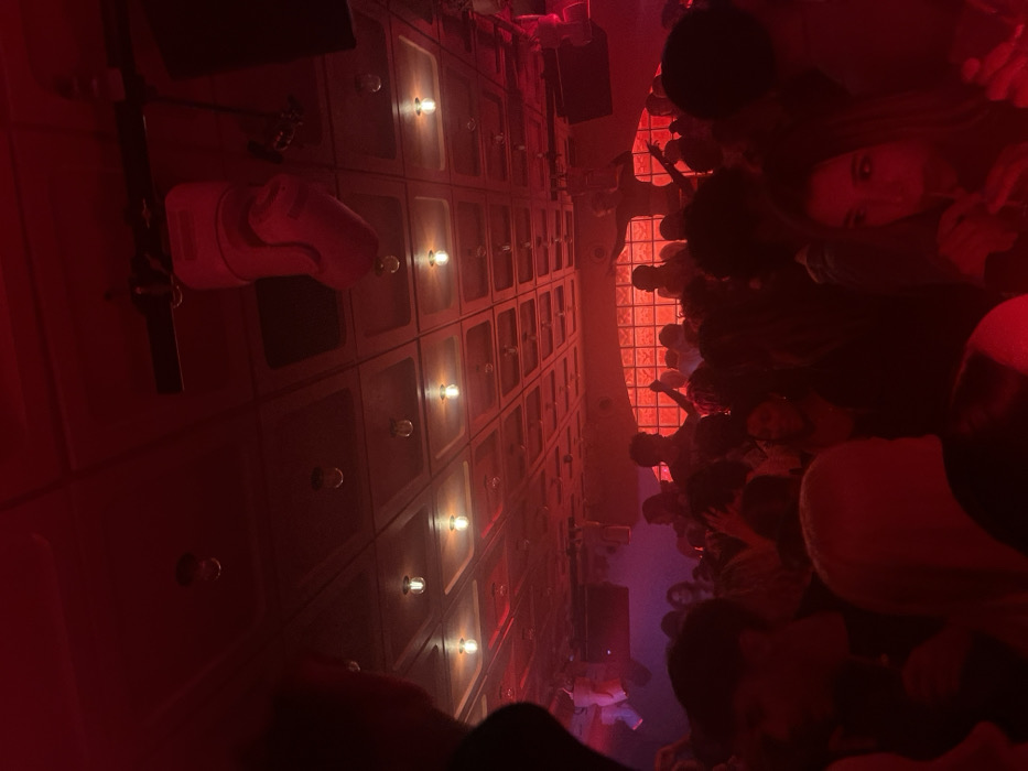 The scene depicts the interior of a crowded nightclub, identified as Le Globo in Paris, France, due to distinctive decor elements. The entire space is saturated with intense red lighting, creating a low-light, vibrant atmosphere. The ceiling features a grid of dark, possibly coffered panels, interspersed with numerous small, illuminated incandescent bulbs. A prominent, large, light-colored decorative object resembling a boxing glove hangs from a dark beam in the upper right portion of the ceiling.
In the background, a textured wall feature, possibly constructed from glass blocks, glows intensely red, serving as a focal point. Directly in front of this wall, two figures stand on an elevated platform or stage, both with arms raised or extended. One figure, on the right, is particularly discernible with outstretched arms, possibly dancing or performing.
The main floor is densely packed with numerous individuals, largely visible as dark silhouettes or partially illuminated by the red light. They are in close proximity, suggesting a lively social gathering. In the foreground, on the lower right, a woman with dark hair is partially visible, looking towards the viewer, holding a drink or small object to her mouth. The overall scene suggests active participation in a social event, likely involving dancing and drinking, within a themed club environment.