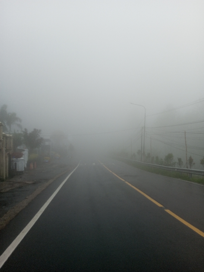 A fog-laden road stretches into the distance, its asphalt glistening wetly. A solid white line marks the left edge, while a dashed yellow line runs along the road's center. Barely visible buildings and trees line the left side, obscured by the dense fog. On the right, a metal guardrail flanks the road, with sporadic vegetation beyond. Power lines and a street lamp are dimly visible through the heavy fog. The overall atmosphere is eerie and visibility is severely limited.