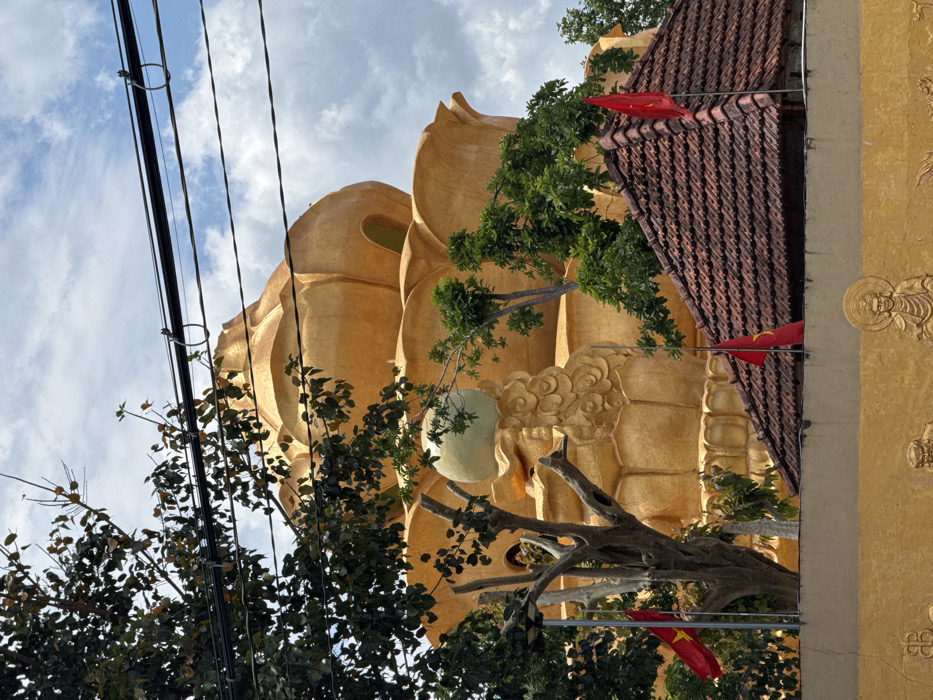 The image displays a prominent, multi-tiered golden structure resembling a lotus flower, located in Đăk Mar, Vietnam. A lighter, pale green sphere is positioned atop an ornate golden base with scroll-like patterns, situated on one of the lower tiers of the main structure. Dense green foliage from several trees partially obscures the golden building on both sides, with the gnarled, bare branches of a tree visible in the left midground.
Multiple black electrical wires traverse horizontally across the upper portion of the frame, passing in front of the golden structure and a blue sky with scattered white clouds. In the midground, a reddish-brown tiled roof is visible on the right. Two red Vietnamese flags, each featuring a central yellow star, are mounted on poles; one is positioned to the left, and the other above the tiled roof on the right. The immediate foreground shows a golden-colored wall adorned with relief sculptures, including a seated figure resembling a Buddha on the right.