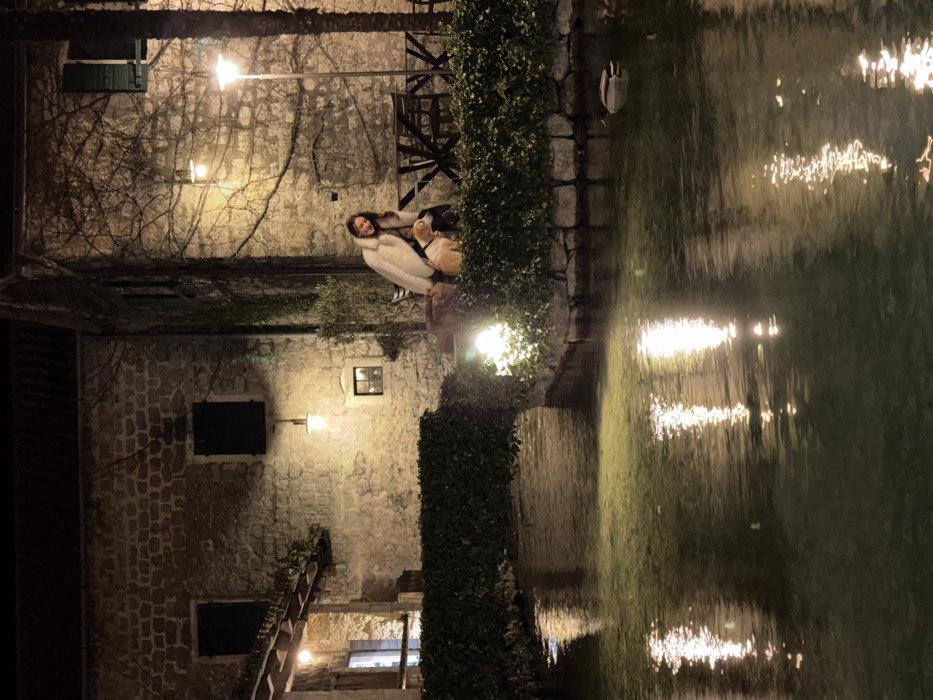 The image depicts a nighttime scene in Morinj, Montenegro, centered on a water feature bordered by stone buildings. In the mid-ground, a female subject, dressed in a light-colored fur coat and dark trousers, stands leaning slightly forward, smiling, and interacting with a tan-colored, medium-sized dog. The dog stands beside her, facing partially away from the camera.
Behind the subjects, two multi-story buildings constructed of rough-hewn stone masonry feature dark-shuttered windows and tiled roofs. The building on the right is partially covered by leafless vines or ivy. Several wall-mounted light fixtures illuminate the building facades, and a tall lamppost stands to the right of the female and dog. An outdoor dining area with a dark table and two chairs is visible against the wall.
The foreground and lower mid-ground are occupied by a dark, calm body of water, which reflects multiple artificial light sources as streaks of luminescence. A dense, dark green hedge lines the water's edge, behind which a ground-level spotlight illuminates the foliage. A small stone arch bridge, also covered in vegetation, spans the water in the left mid-ground. Two ducks are visible floating on the water's surface in the lower right quadrant. The entire scene is illuminated by artificial lighting, creating a warm ambiance.