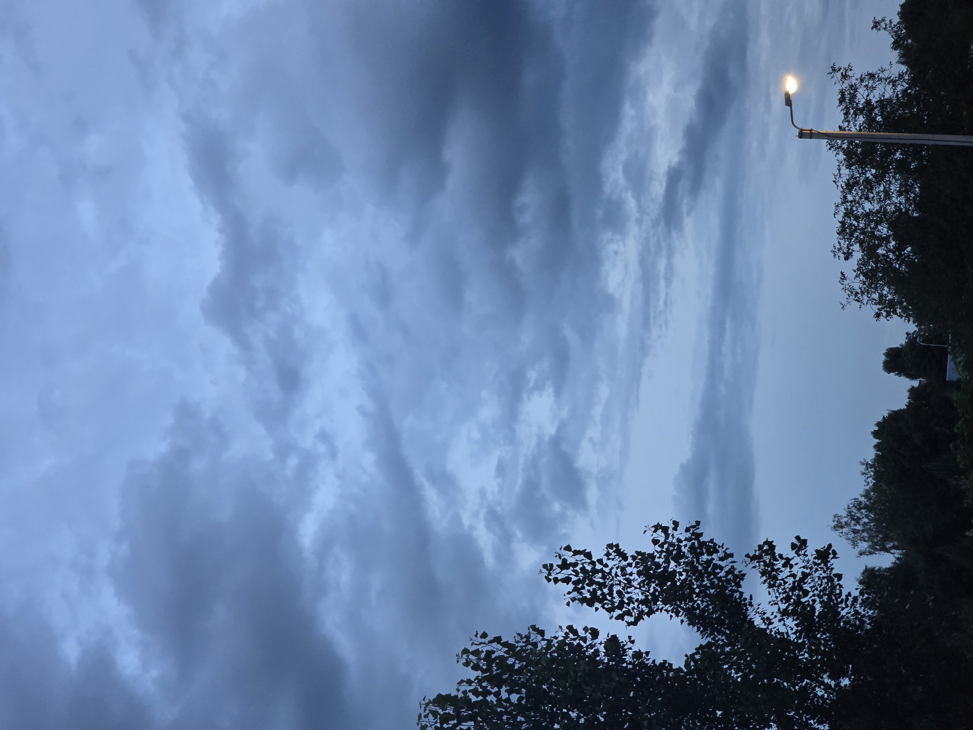 The image depicts a street lamp lit against a cloudy, twilight sky. The scene appears to be in Vyshneve, Ukraine, with dark silhouetted trees in the foreground and midground. The sky is filled with heavy, grey clouds, suggesting overcast weather or the approach of evening. The street lamp, positioned on the right side of the frame, is the only artificial light source visible, casting a warm glow. There are no people or animals present in the image. The overall atmosphere is somber and still.