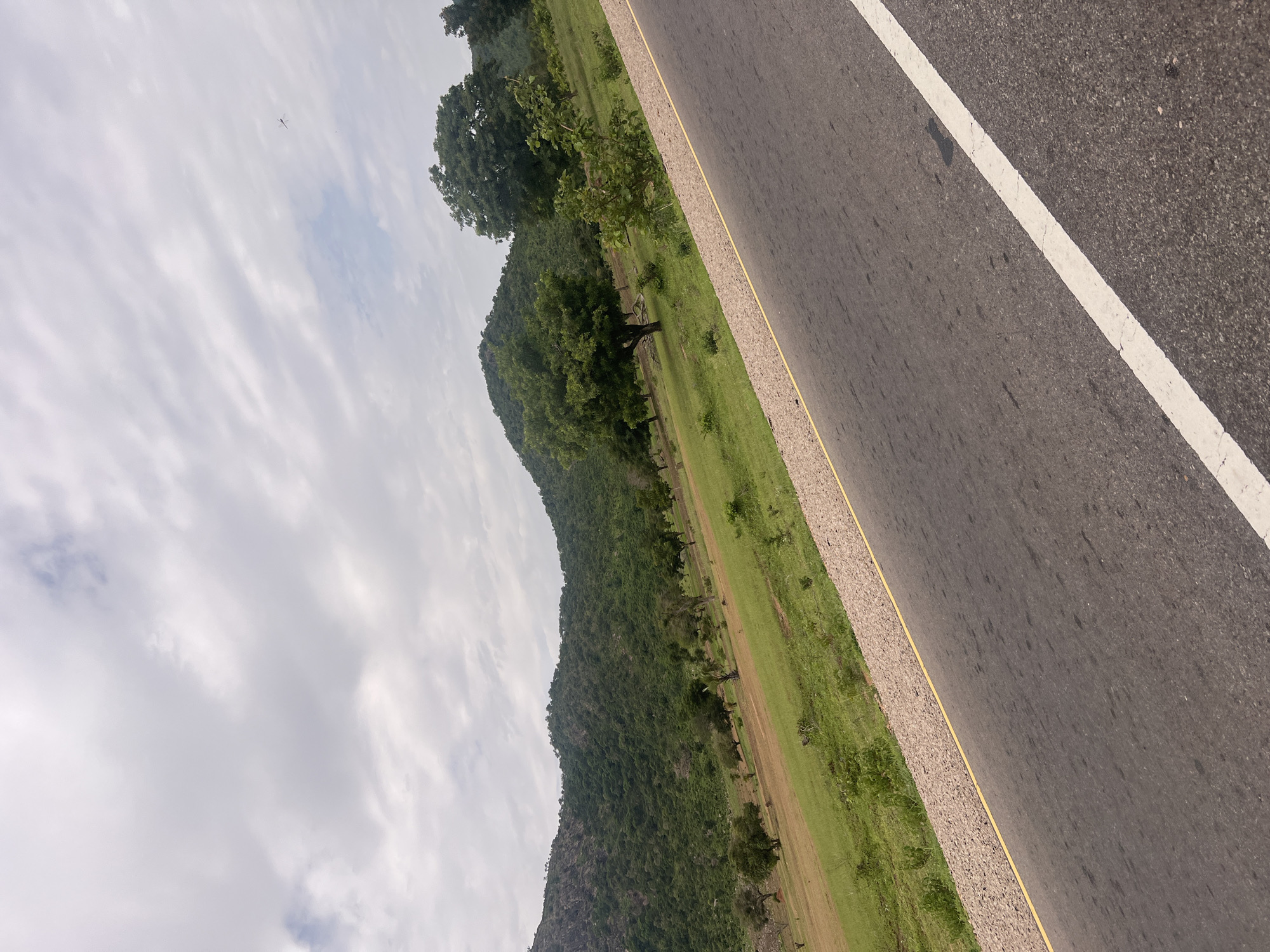 The image depicts a roadside view in Minda, Nigeria. The scene captures a paved road with a white line marking its edge, running diagonally across the frame. To the left of the road is a grassy embankment, followed by a densely forested hillside that rises steeply. Scattered trees are visible on the hillside and in the grassy area. The sky is overcast with clouds, suggesting a potentially cloudy or rainy day. There is no visible text in the image. The perspective suggests the photo was taken from a moving vehicle or from a slightly elevated position beside the road. The overall impression is of a natural landscape adjacent to a man-made road.