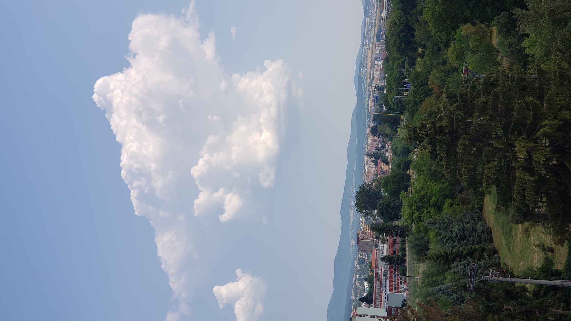 This is a photograph taken from a high vantage point overlooking the city of Prešov, Slovakia. The sky is a clear blue with a large, fluffy white cloud formation dominating the upper portion of the frame. Below the sky, a distant mountain range is visible, with rolling hills and a hazy horizon.
In the middle ground, the cityscape of Prešov unfolds. Numerous buildings of varying sizes and architectural styles are visible, including residential blocks, commercial structures, and industrial complexes. Red-roofed buildings and a large, multi-story building with a light-colored facade are prominent. The city is interspersed with a dense canopy of green trees, indicating the presence of parks or wooded areas within the urban landscape.
The foreground is filled with a dense collection of trees, primarily evergreens like fir trees, some with a darker, richer green hue and others appearing lighter. A wooden electricity pole with several wires is positioned on the left side of the frame, partially obscured by the foliage. The ground in the immediate foreground appears to be a grassy slope. The overall scene depicts a suburban or semi-urban area with a blend of nature and city infrastructure under a bright, cloudy sky.
